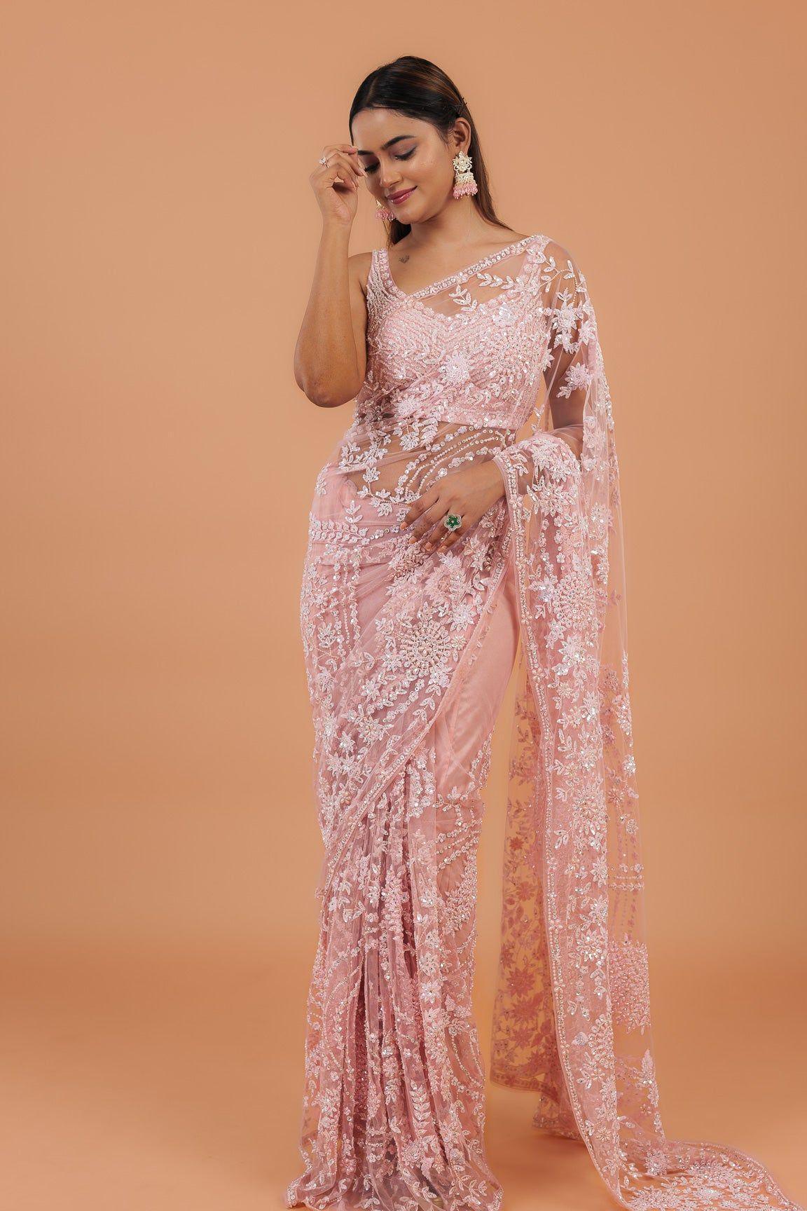 Pink Net Saree - Mokshaa