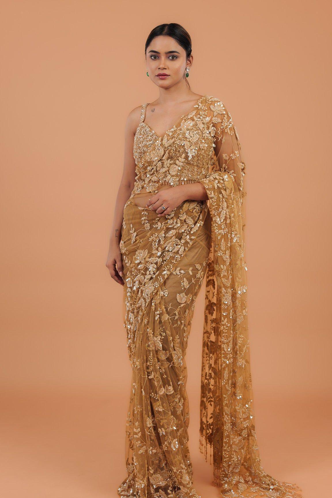 Dusty Brown Net Saree - Mokshaa