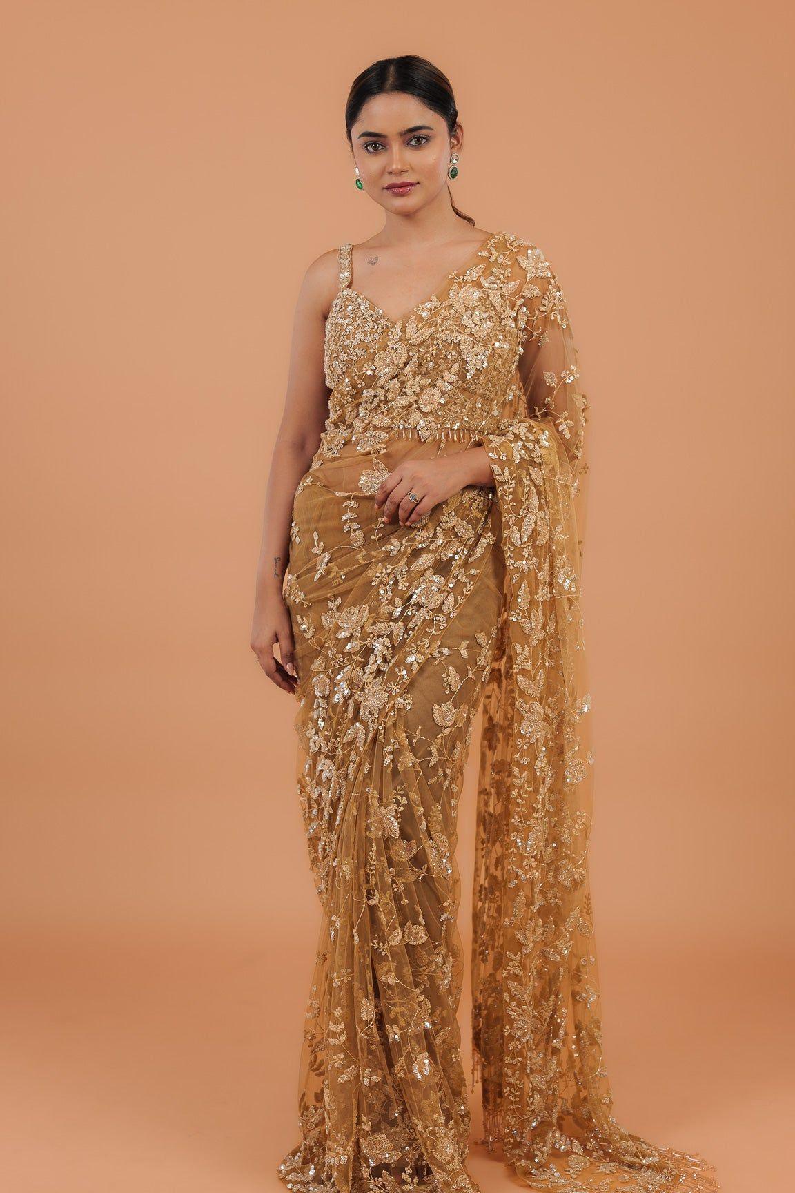 Dusty Brown Net Saree - Mokshaa
