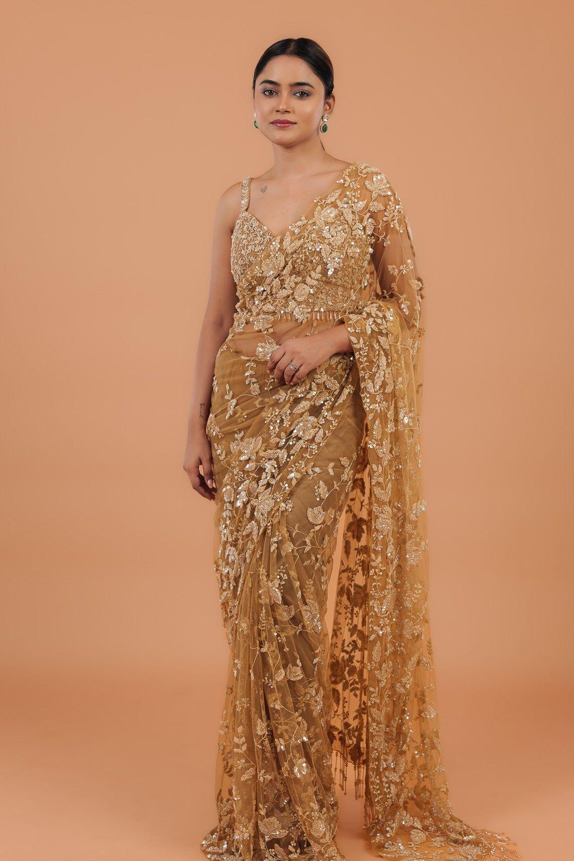 Dusty Brown Net Saree - Mokshaa