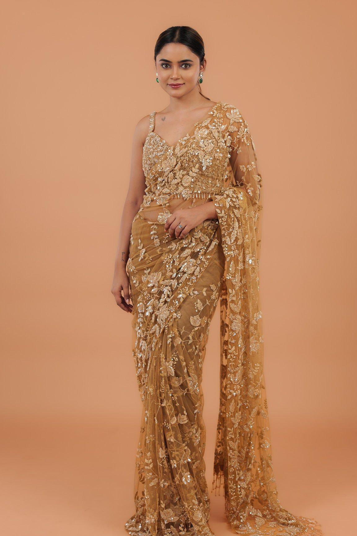 Dusty Brown Net Saree - Mokshaa