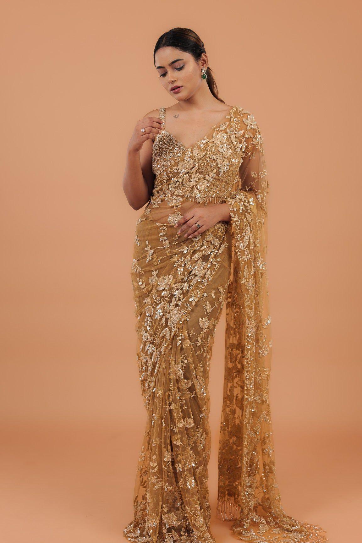 Dusty Brown Net Saree - Mokshaa