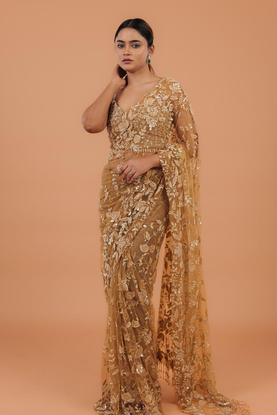 Dusty Brown Net Saree - Mokshaa