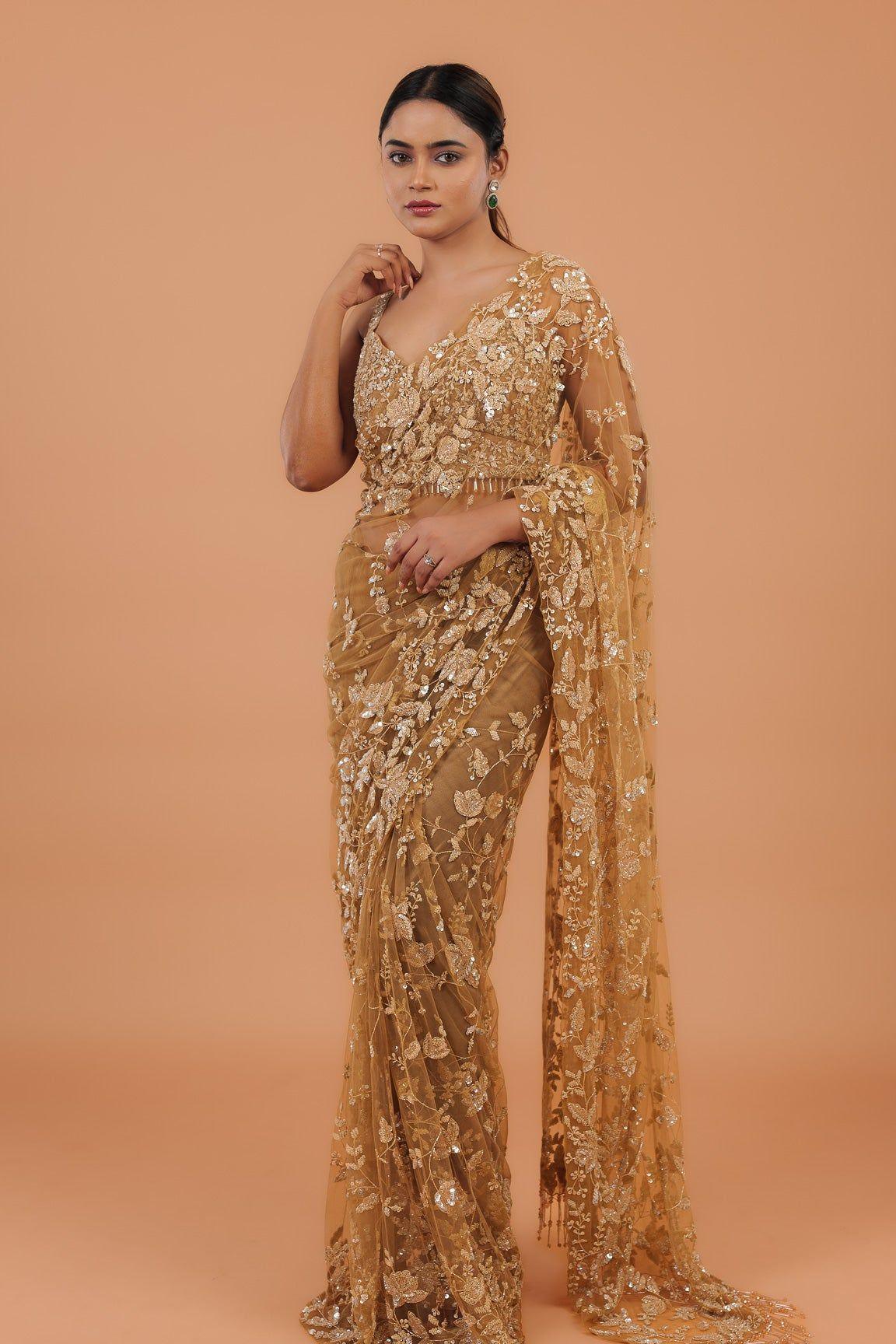 Dusty Brown Net Saree - Mokshaa
