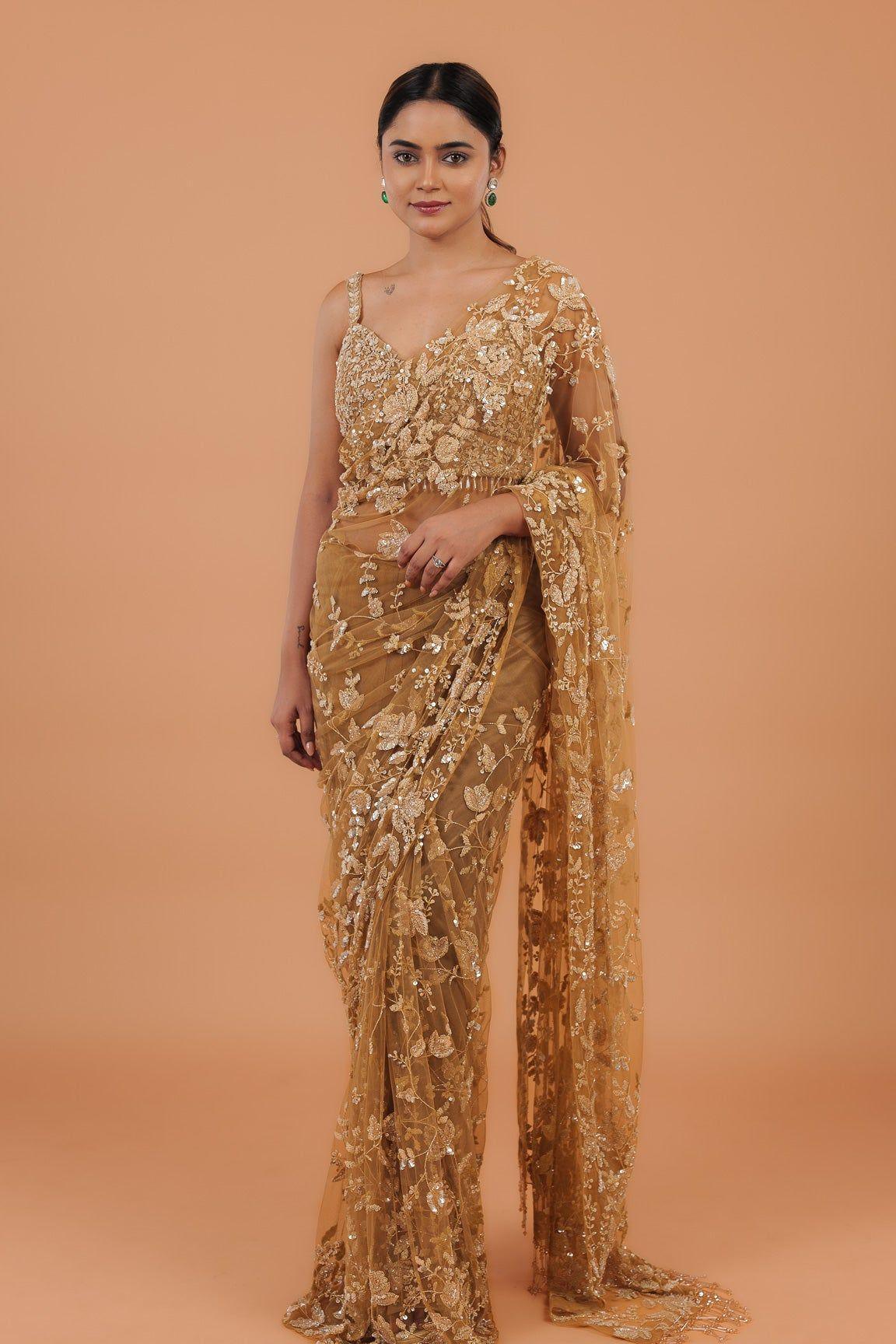 Dusty Brown Net Saree - Mokshaa
