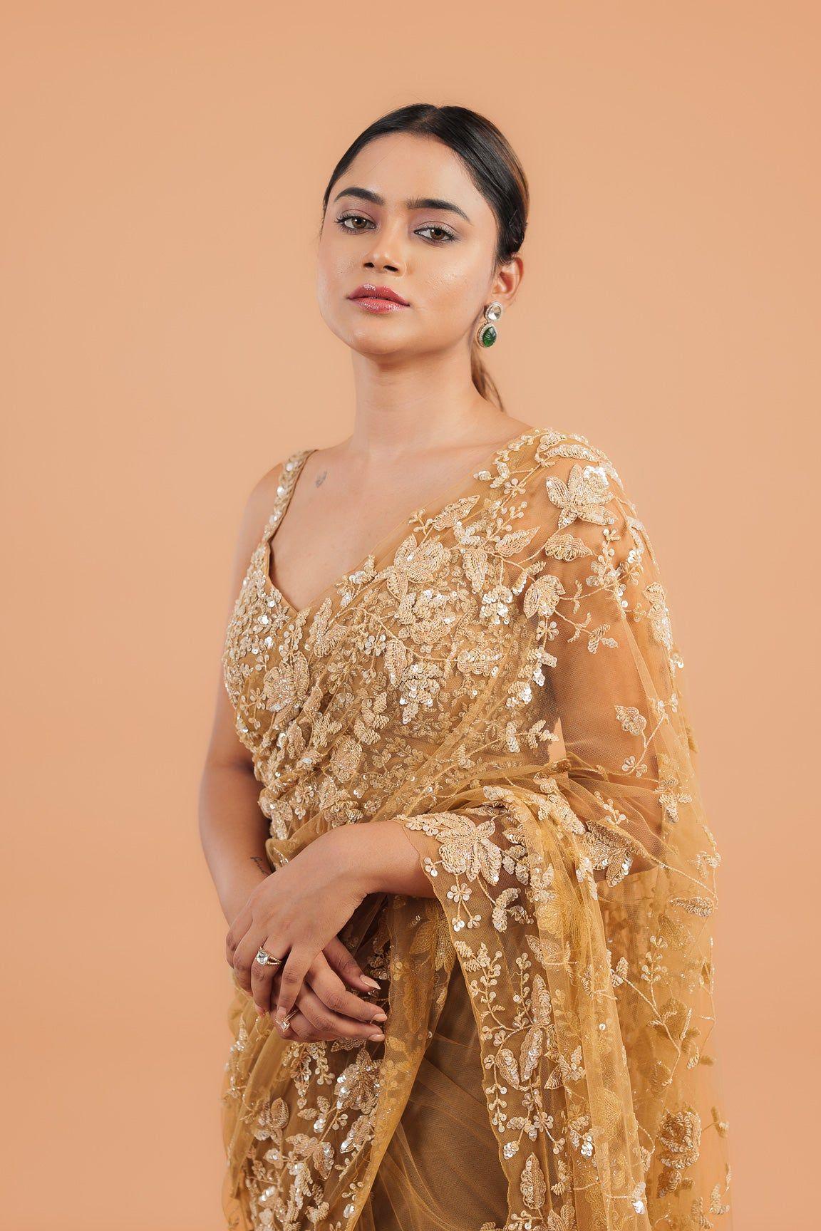 Dusty Brown Net Saree - Mokshaa