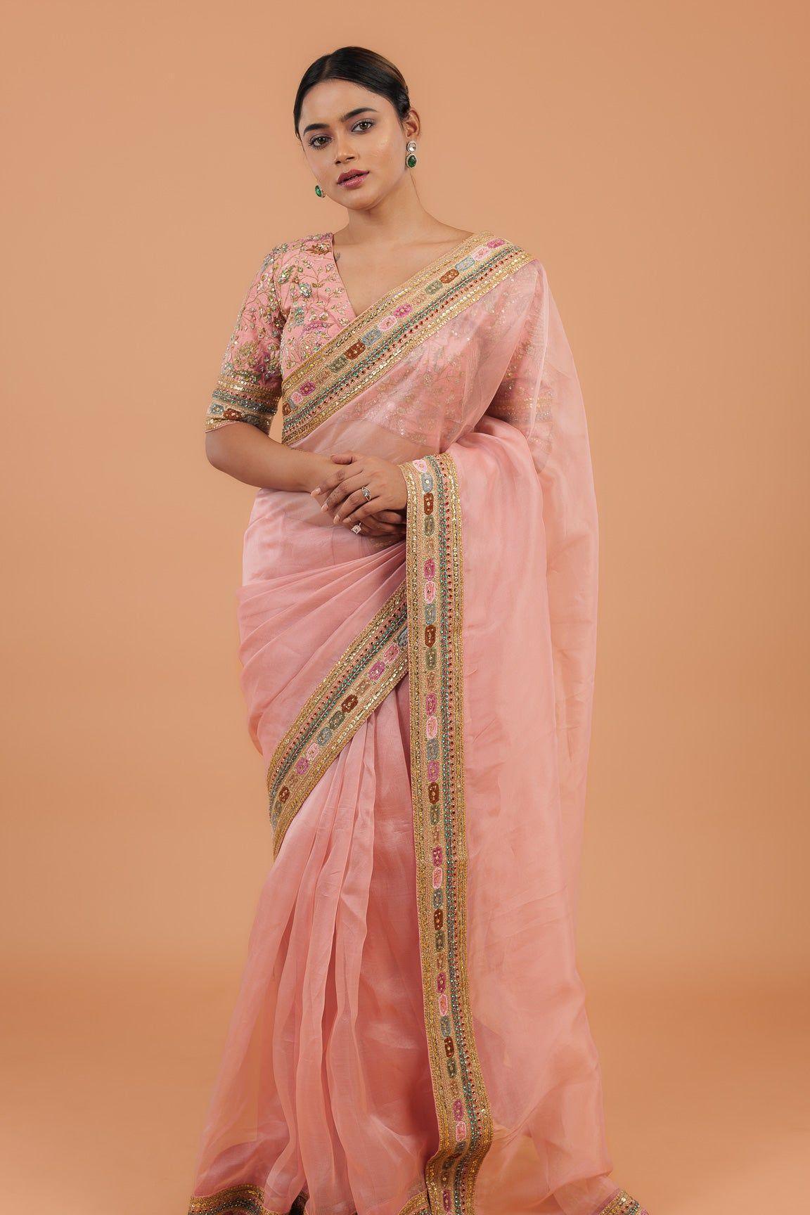 Peach Organza Saree - Mokshaa
