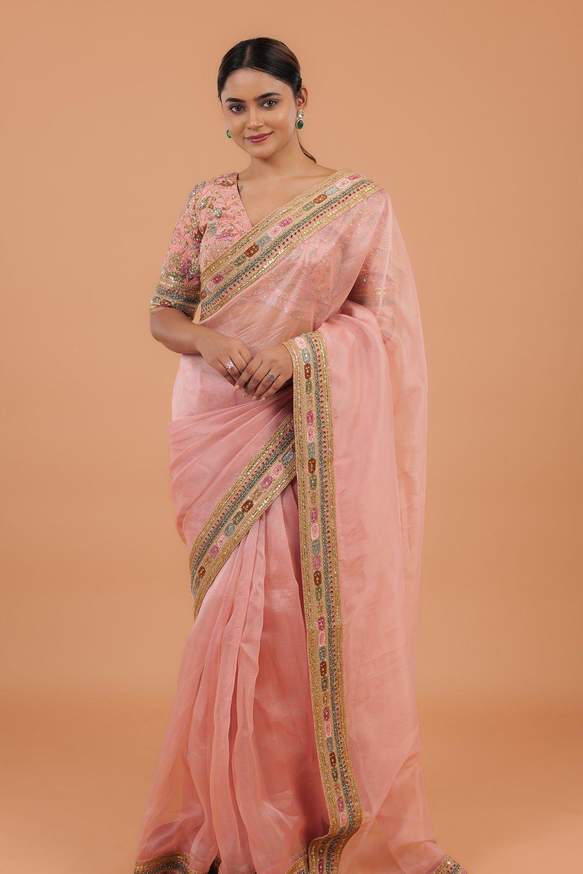 Peach Organza Saree - Mokshaa