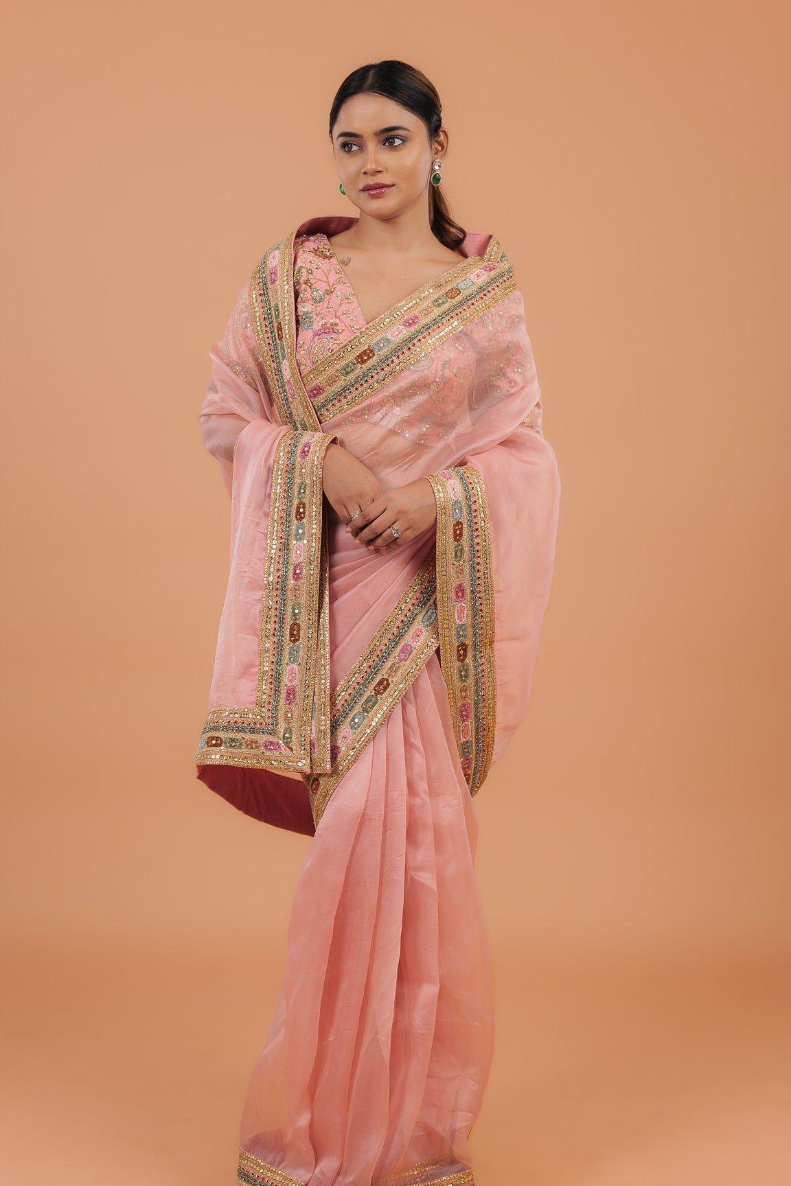 Peach Organza Saree - Mokshaa