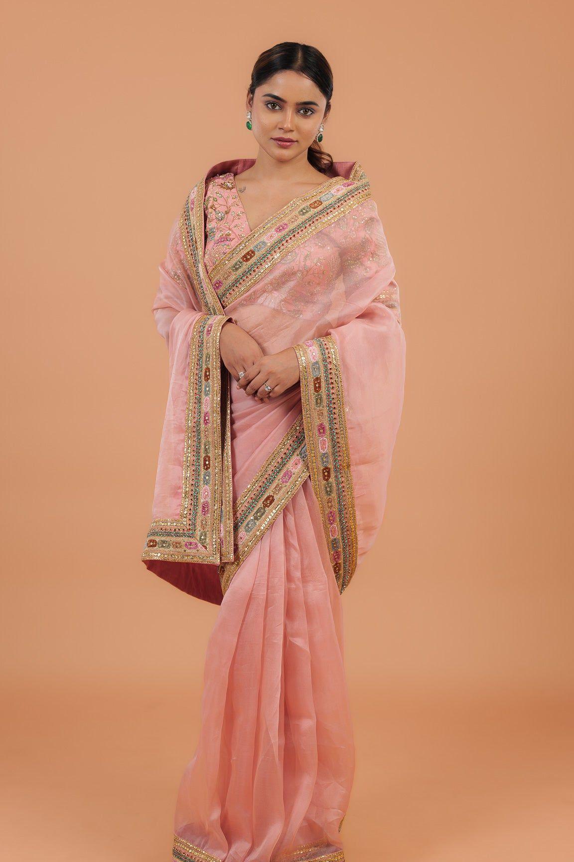 Peach Organza Saree - Mokshaa
