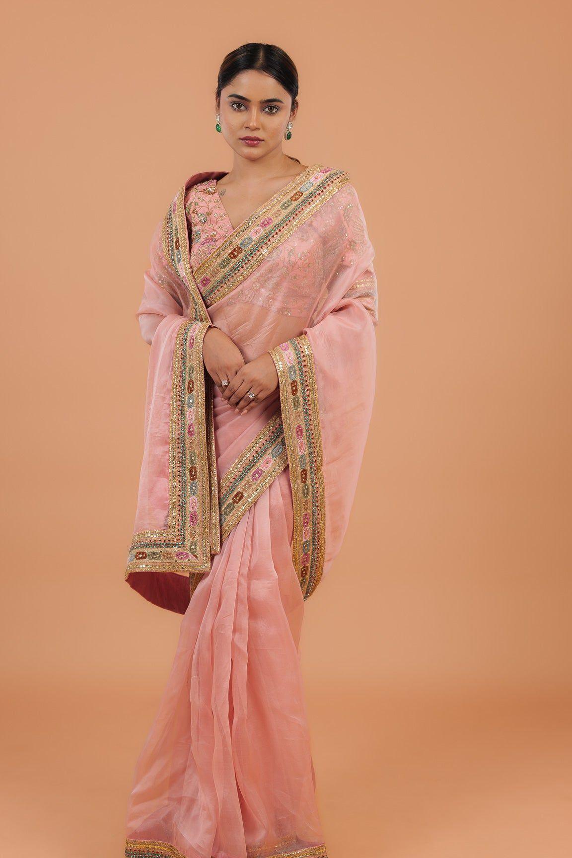 Peach Organza Saree - Mokshaa