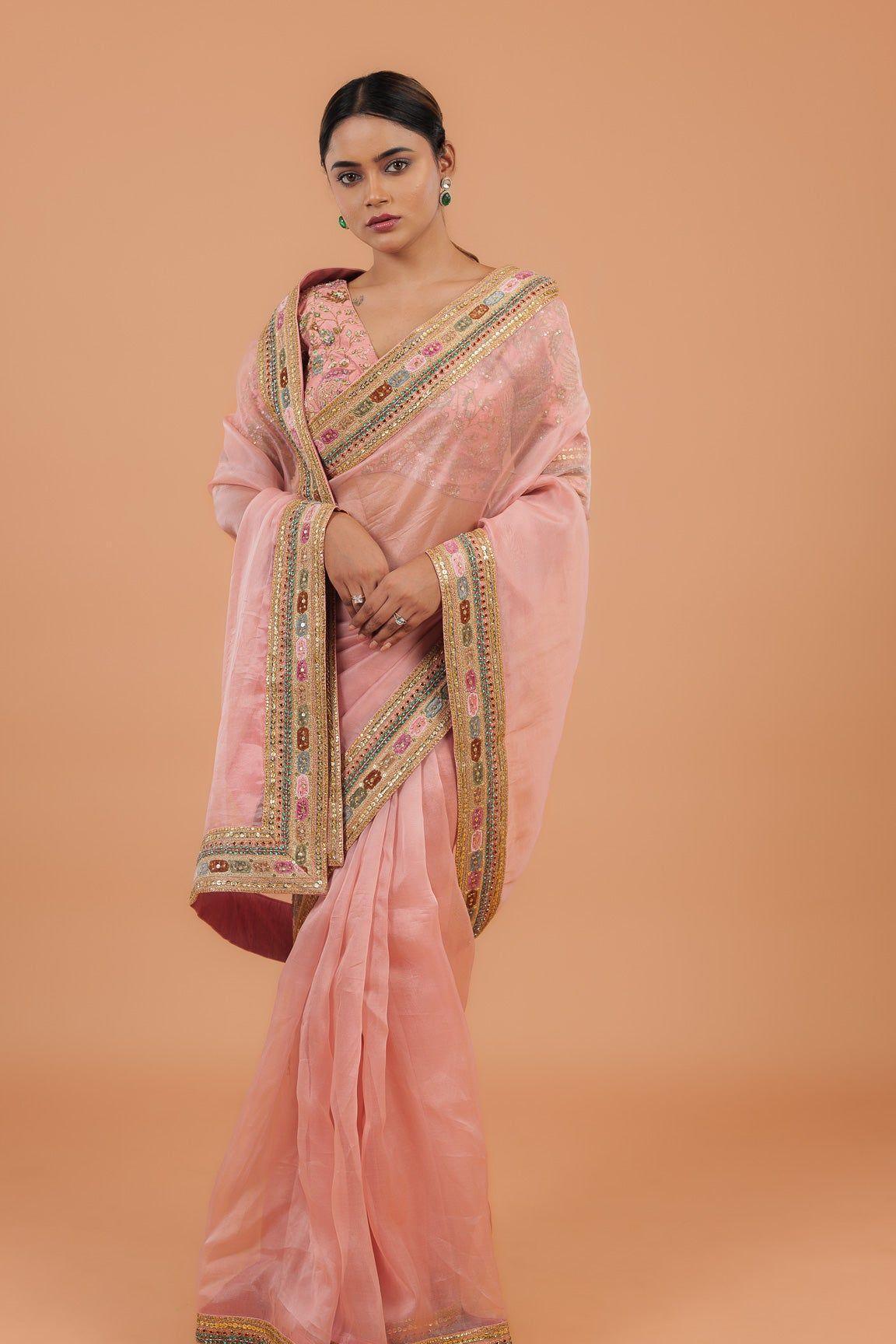 Peach Organza Saree - Mokshaa