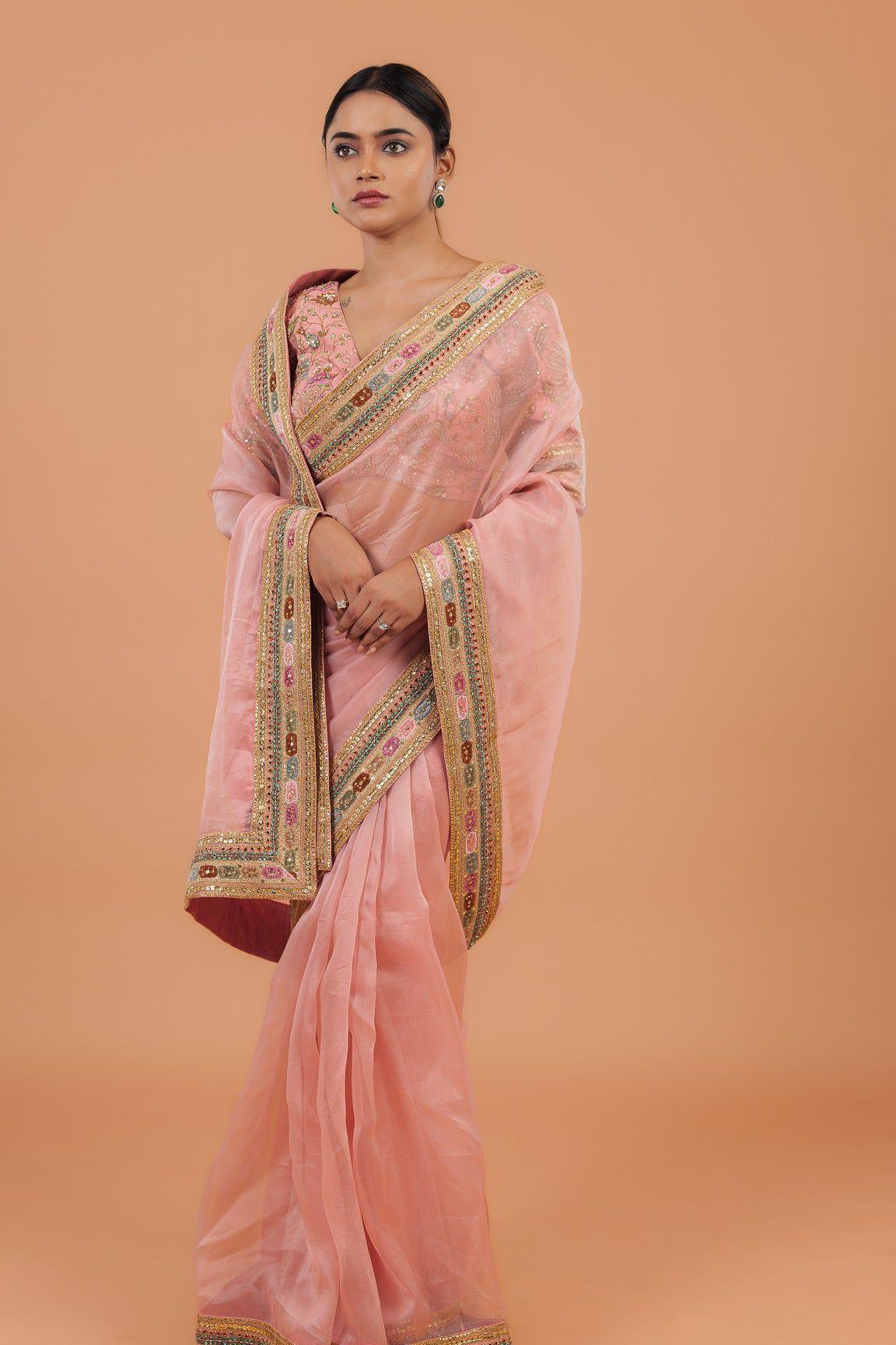 Peach Organza Saree - Mokshaa
