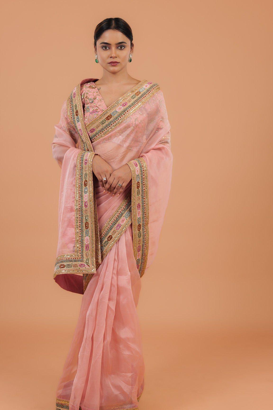 Peach Organza Saree - Mokshaa