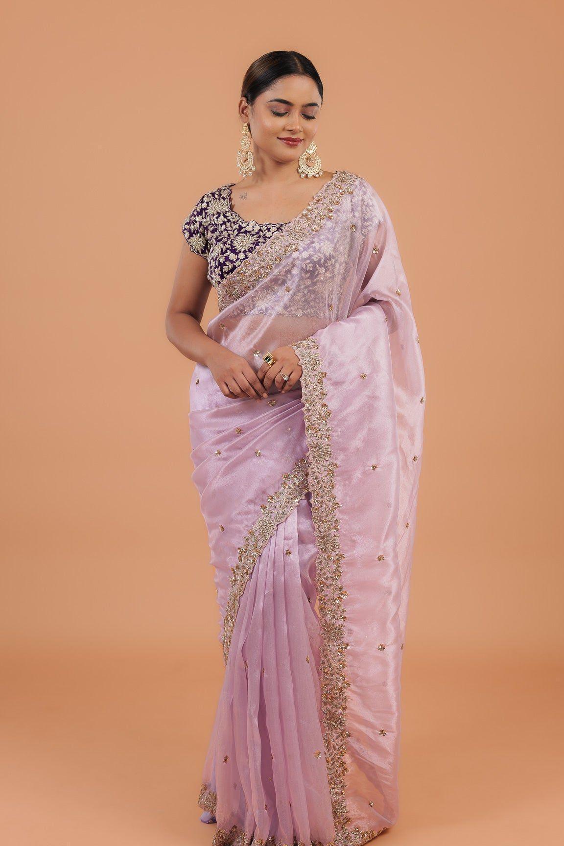 Light Lavender Organza Tissue Saree - Mokshaa