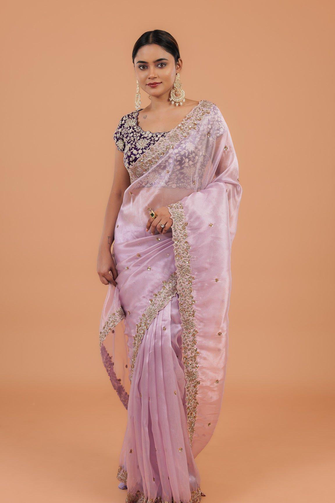 Light Lavender Organza Tissue Saree - Mokshaa