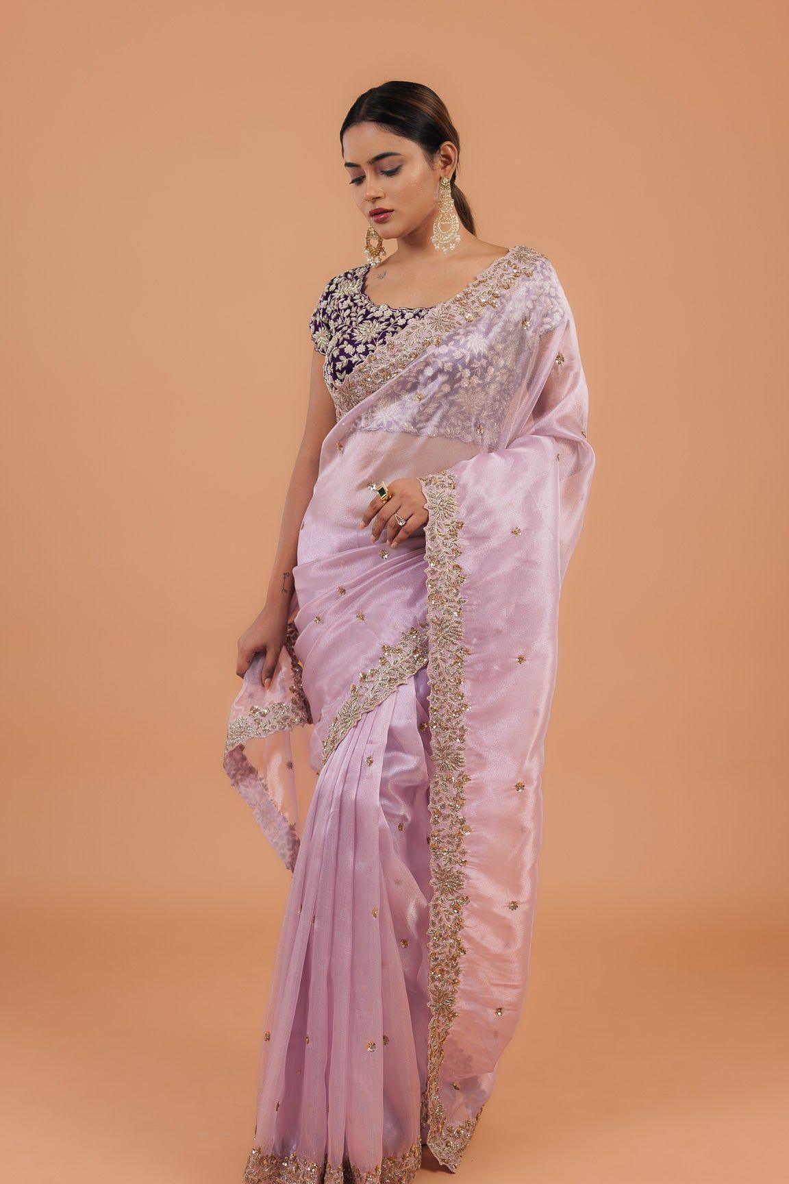 Light Lavender Organza Tissue Saree - Mokshaa