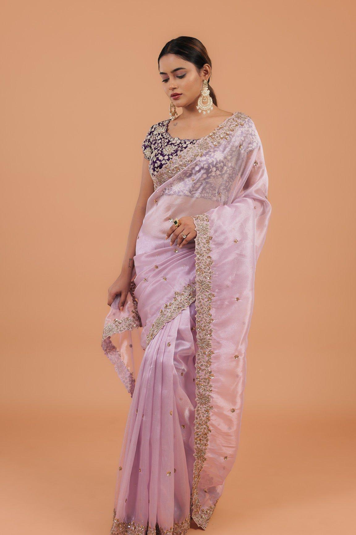 Light Lavender Organza Tissue Saree - Mokshaa