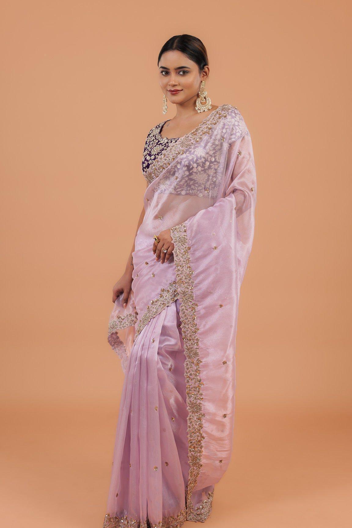 Light Lavender Organza Tissue Saree - Mokshaa