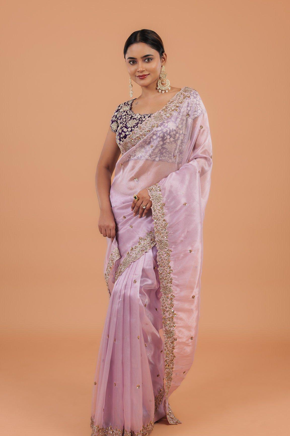 Light Lavender Organza Tissue Saree - Mokshaa