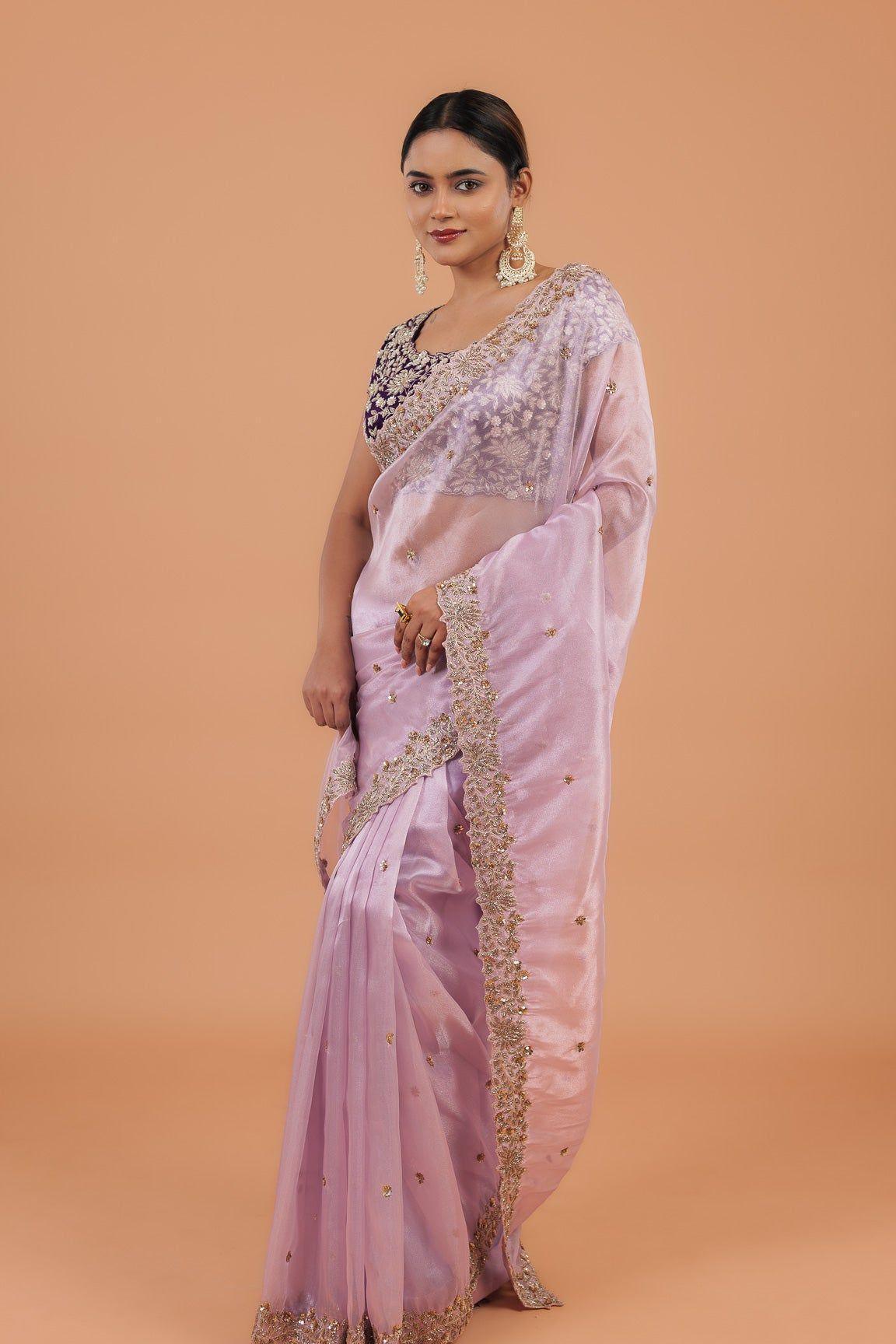 Light Lavender Organza Tissue Saree - Mokshaa