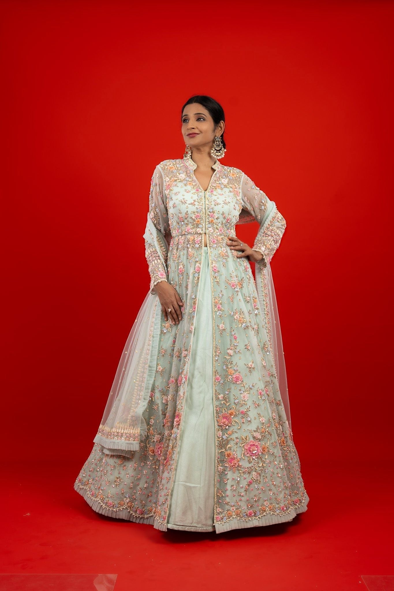 Light Blue Net Jacket Lehenga with Pearl and Sequin Embroidery Mokshaa