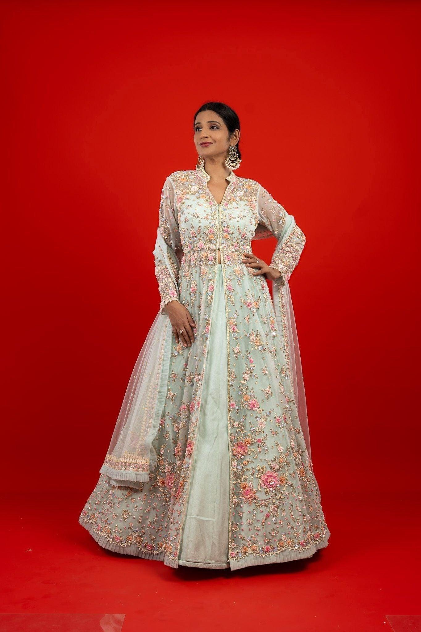 Light Blue Net Jacket Lehenga with Pearl and Sequin Embroidery Mokshaa