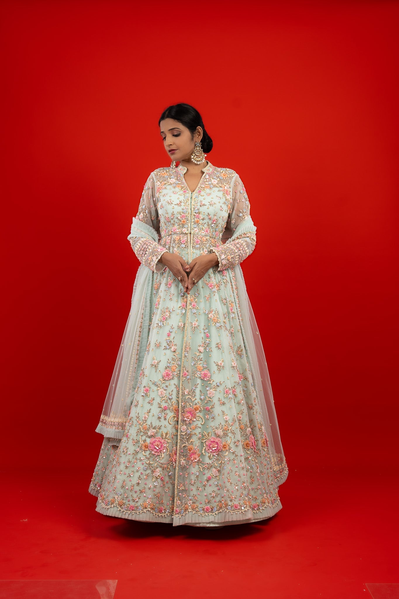 Light Blue Net Jacket Lehenga with Pearl and Sequin Embroidery Mokshaa