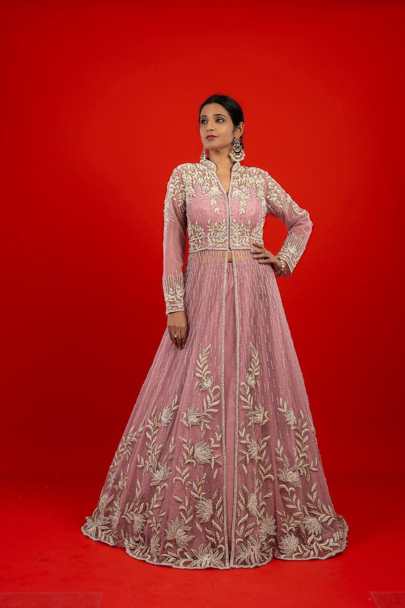 Rose Net Jacket Lehenga with Stone, Pearl & Zardozi Embroidery - Mokshaa