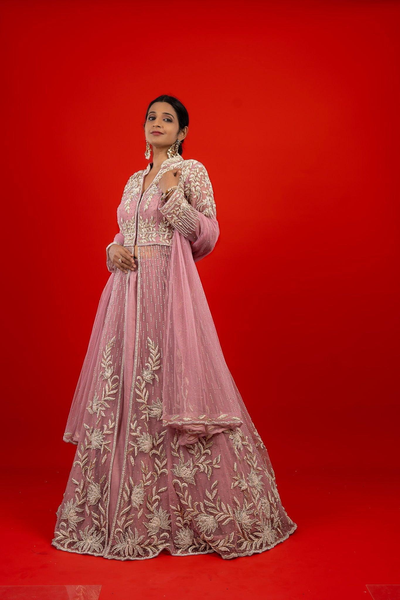 Rose Net Jacket Lehenga with Stone, Pearl & Zardozi Embroidery - Mokshaa