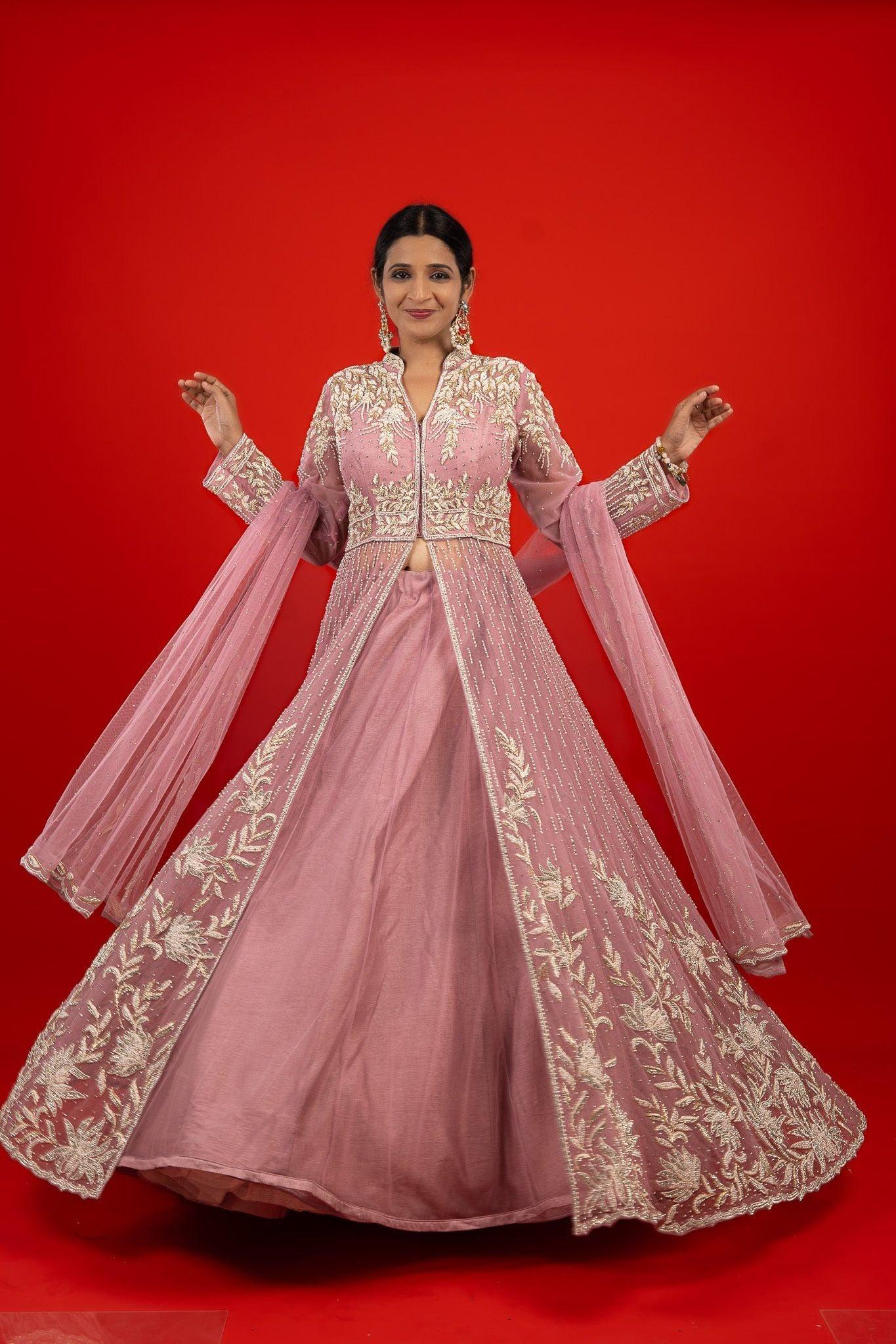 Rose Net Jacket Lehenga with Stone, Pearl & Zardozi Embroidery - Mokshaa