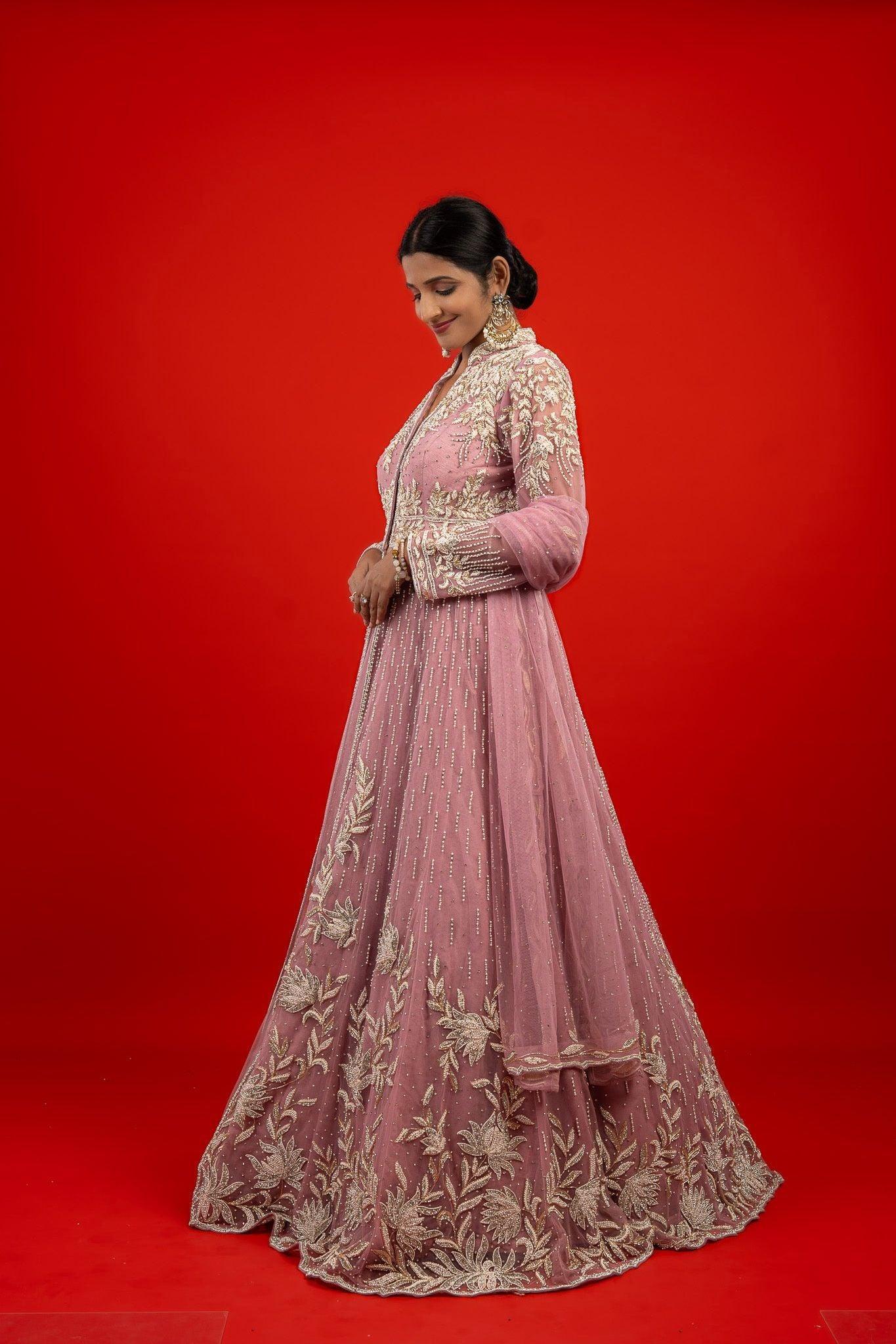 Rose Net Jacket Lehenga with Stone, Pearl & Zardozi Embroidery - Mokshaa