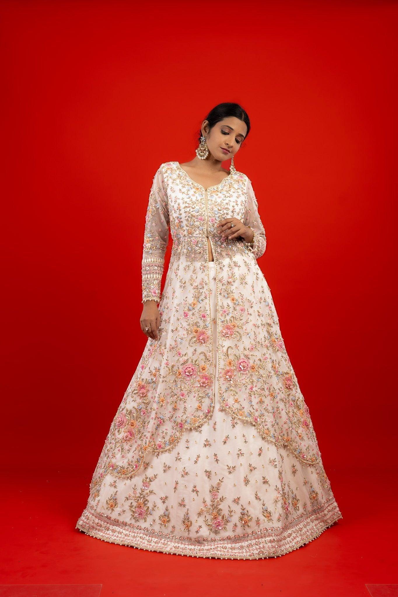 Rose Net Jacket Lehenga with Stone, Pearl & Zardozi Embroidery  Mokshaa