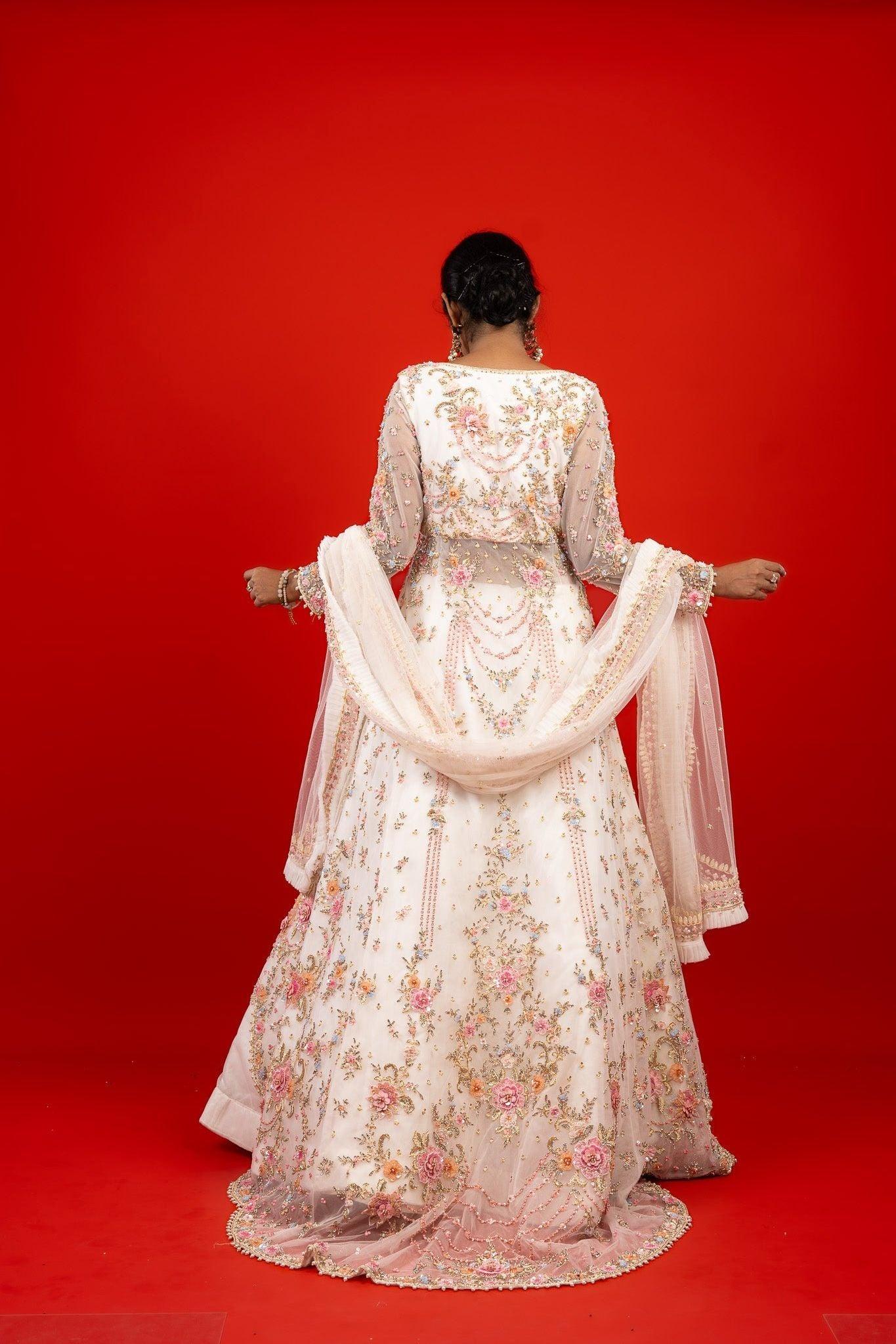 Rose Net Jacket Lehenga with Stone, Pearl & Zardozi Embroidery  Mokshaa