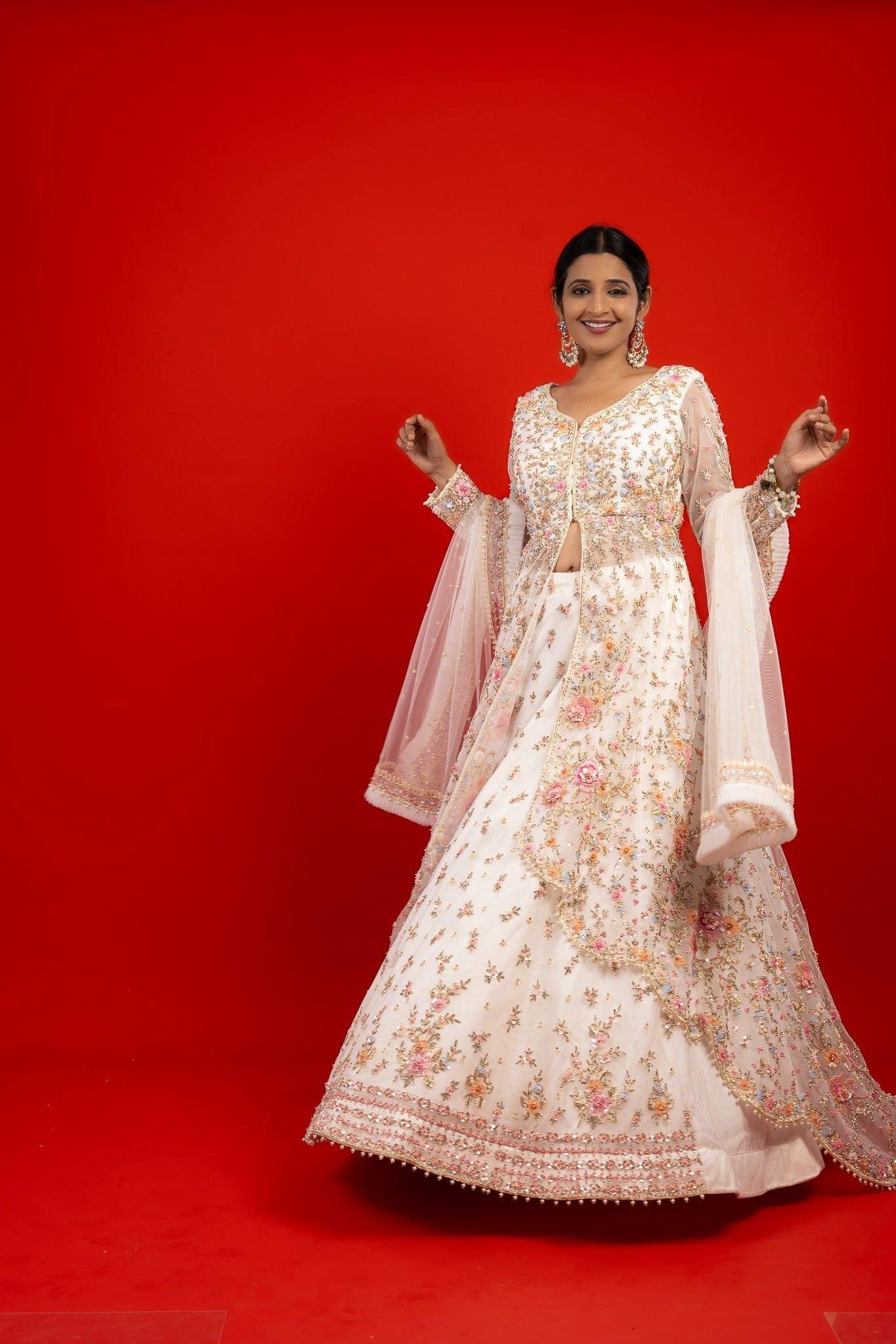 Rose Net Jacket Lehenga with Stone, Pearl & Zardozi Embroidery  Mokshaa