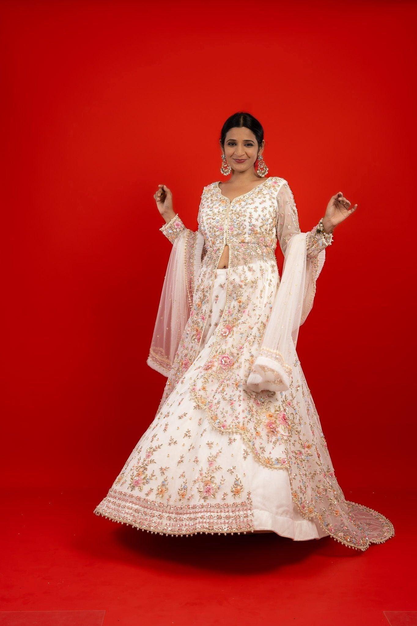 Rose Net Jacket Lehenga with Stone, Pearl & Zardozi Embroidery  Mokshaa