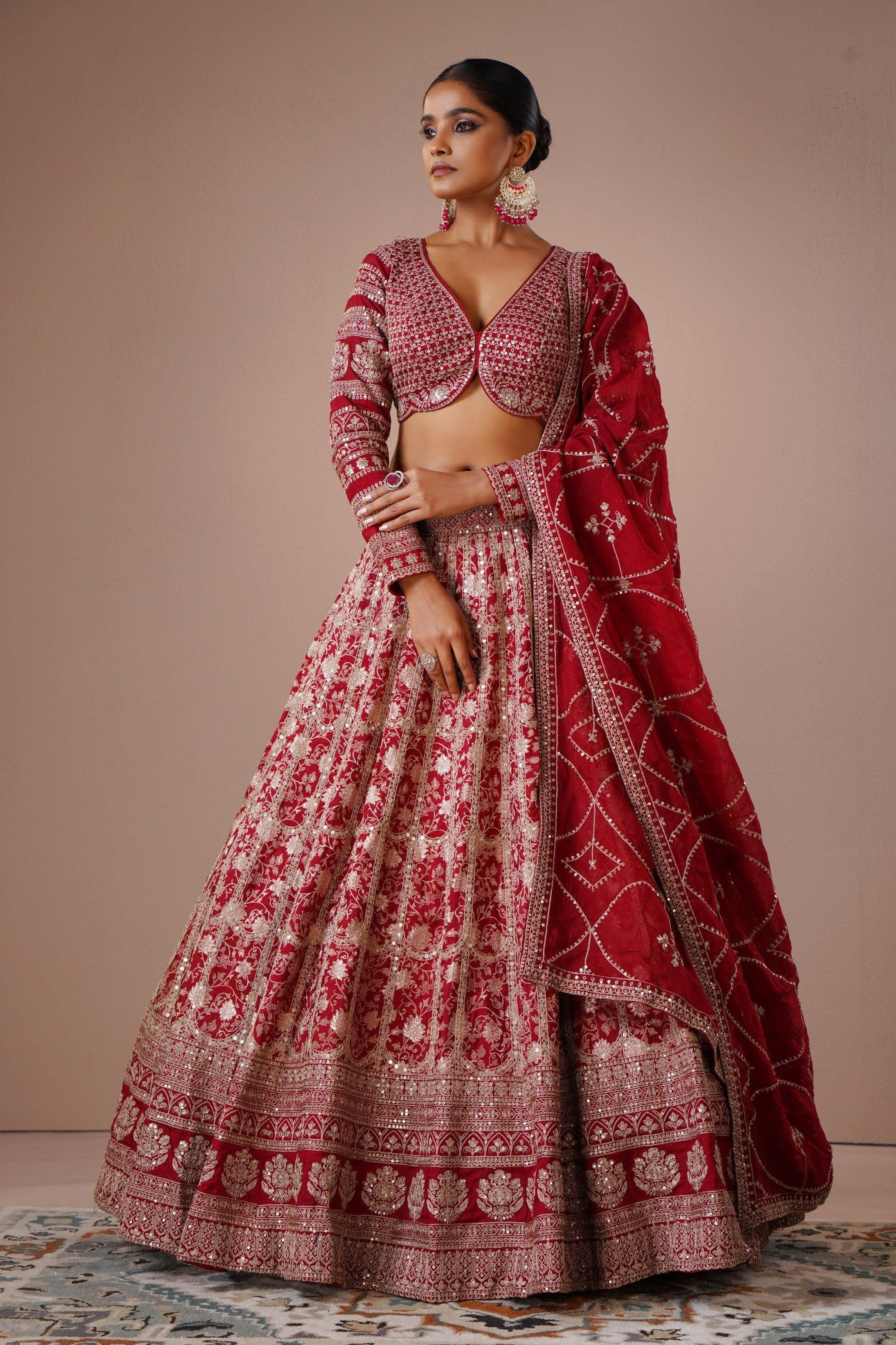 Red Silk Lehenga with Zari and Sequin Embroidery Mokshaa