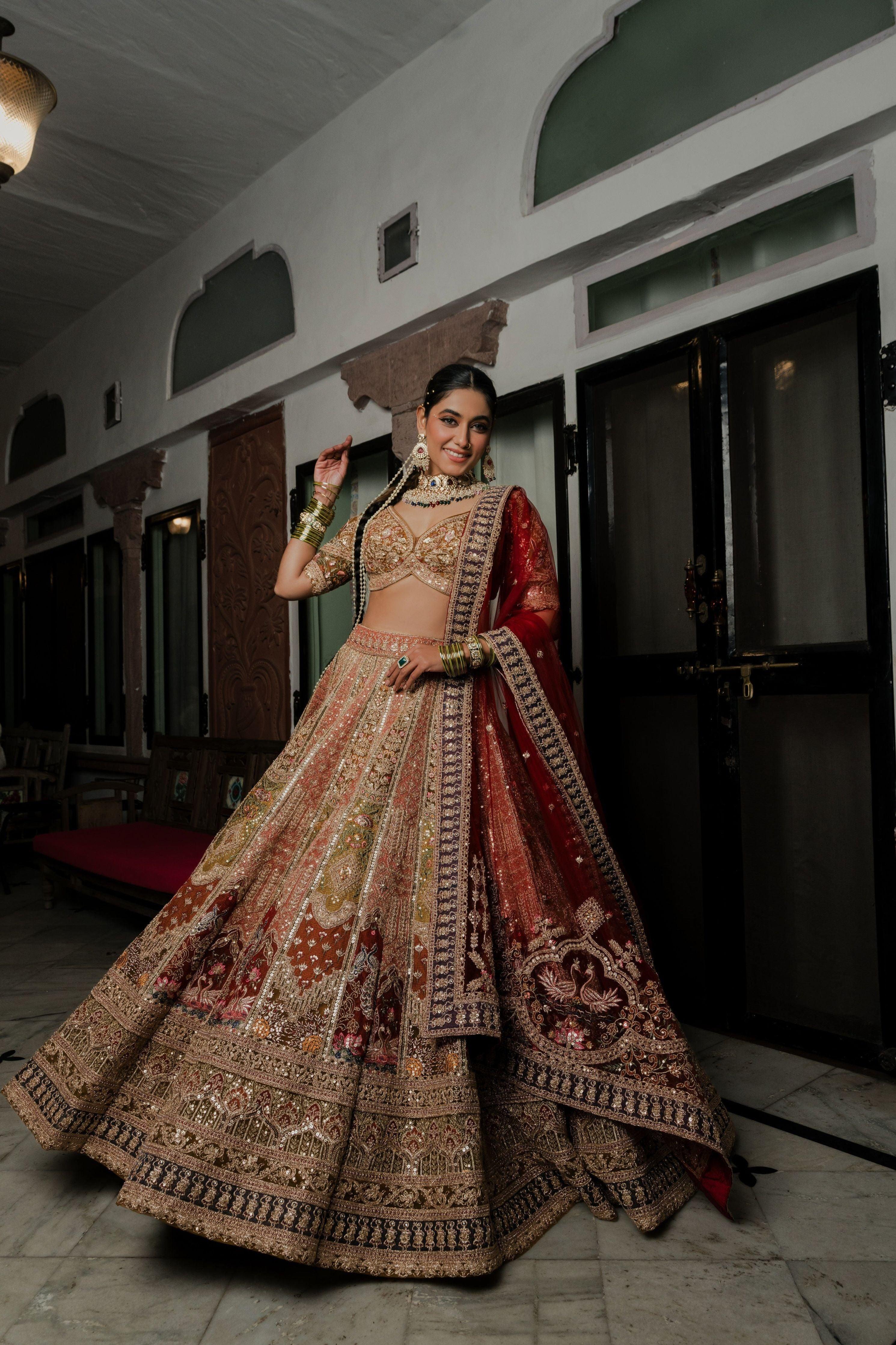 SMulticolour Raw Silk Bridal Lehenga with Heavy Zardosi, Resham Sequin Embroidery