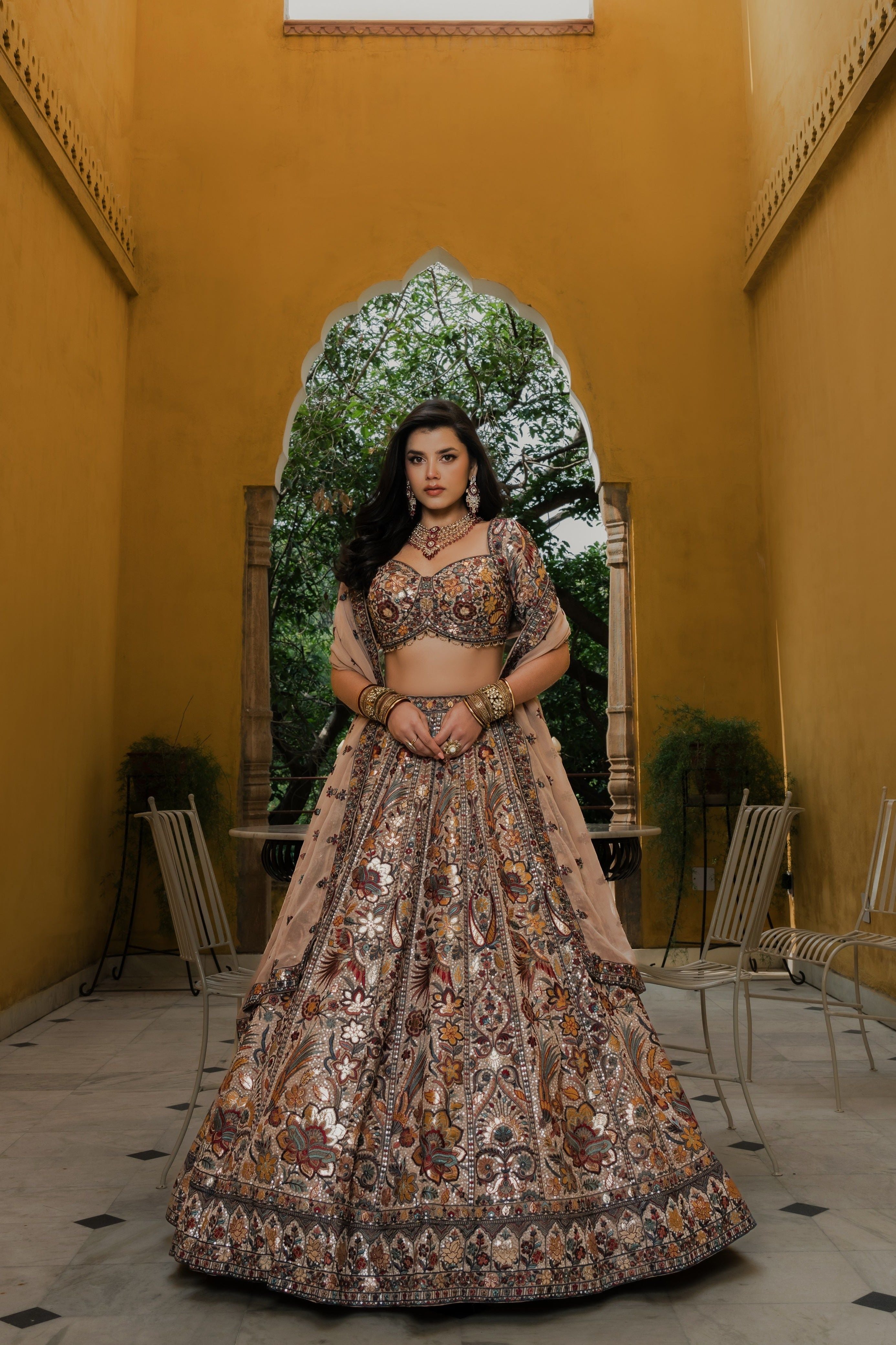Beige Multi-Color Silk Lehenga with Intricate Resham Embroidery Mokshaa