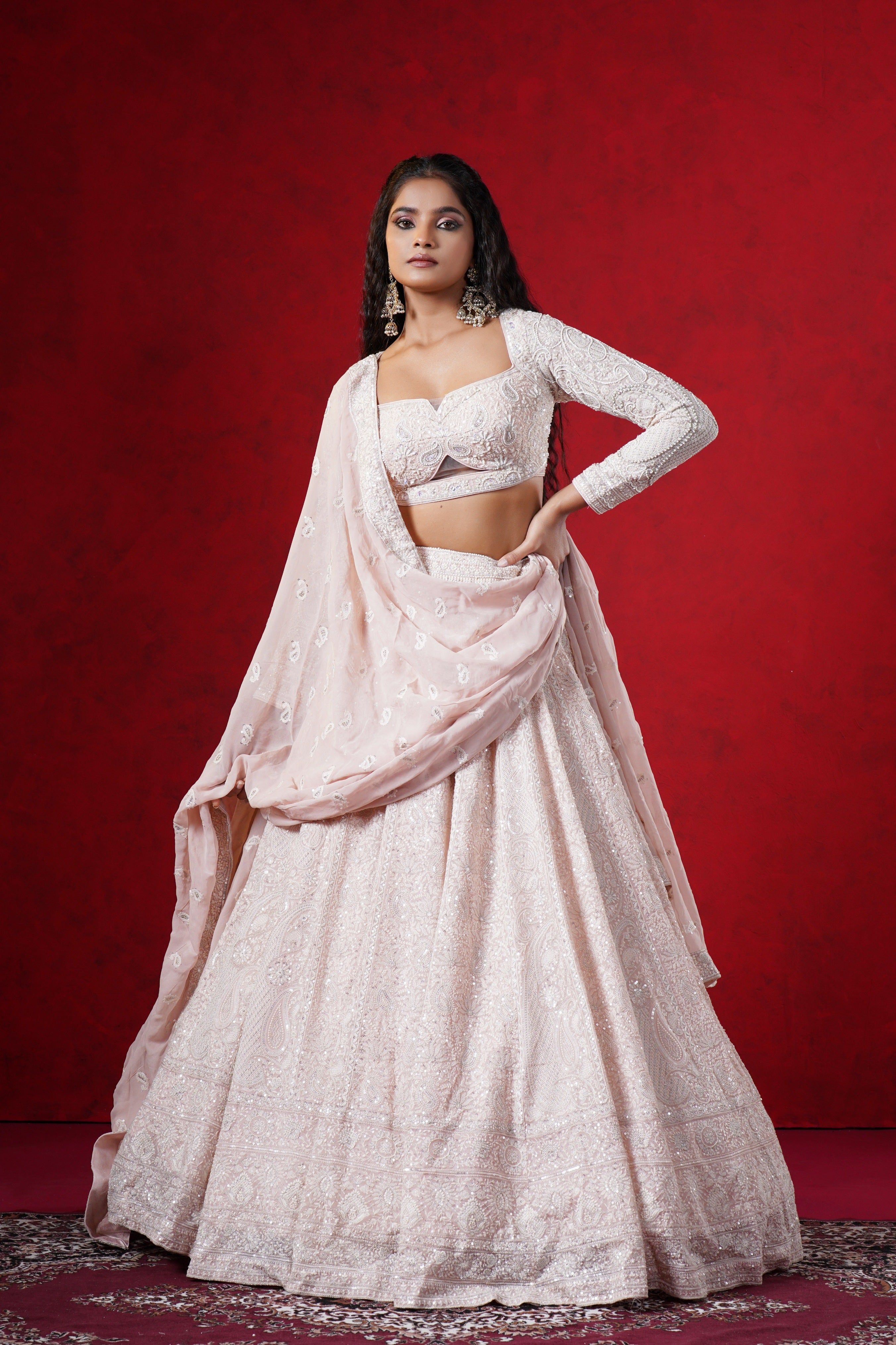 Baby Pink Thread Embroidered Lehenga with Intricate Resham and Pearl Detailing Mokshaa