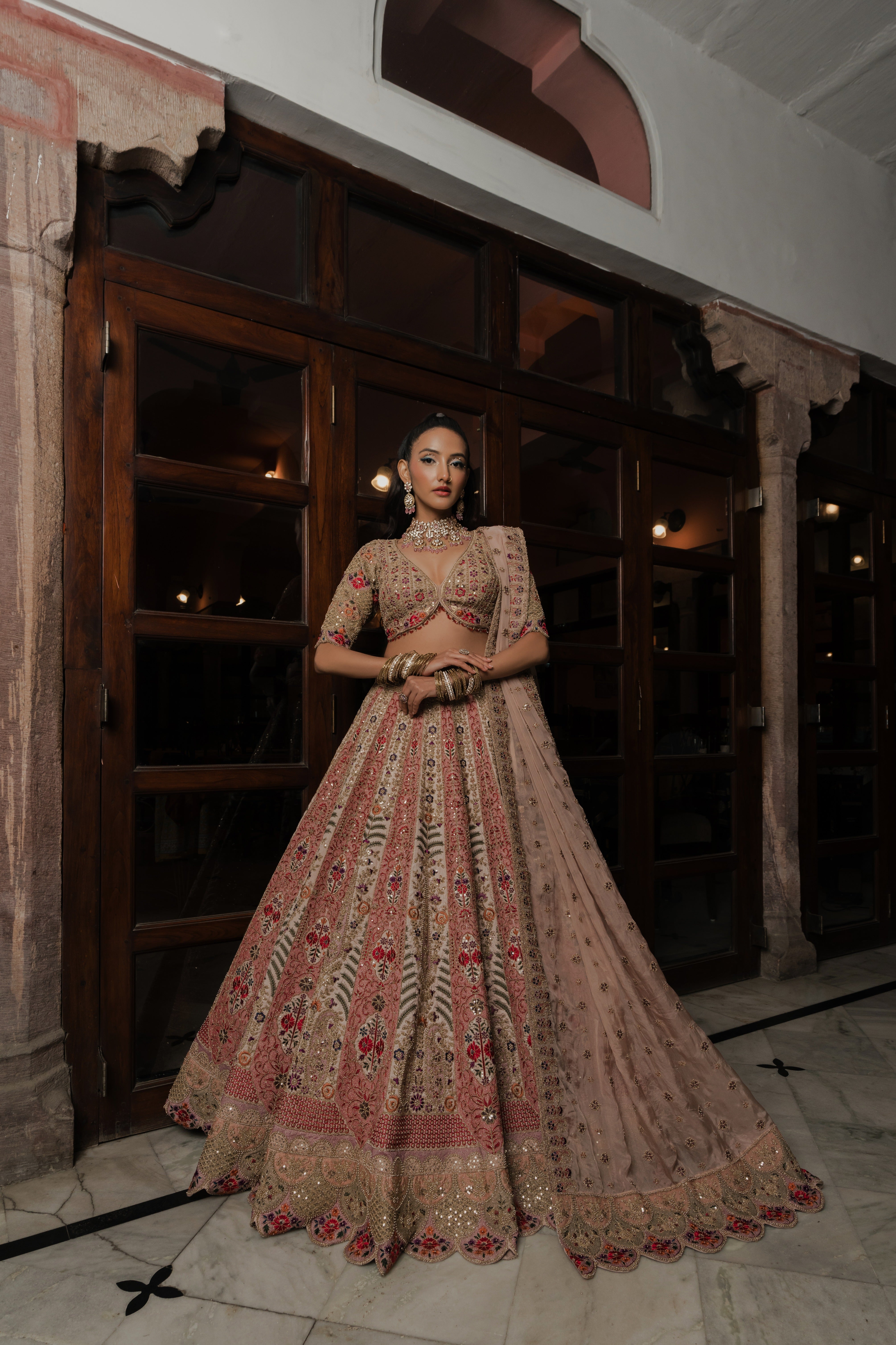 Champagne Gold Net Lehenga with Multicolor Floral Embroidery Mokshaa