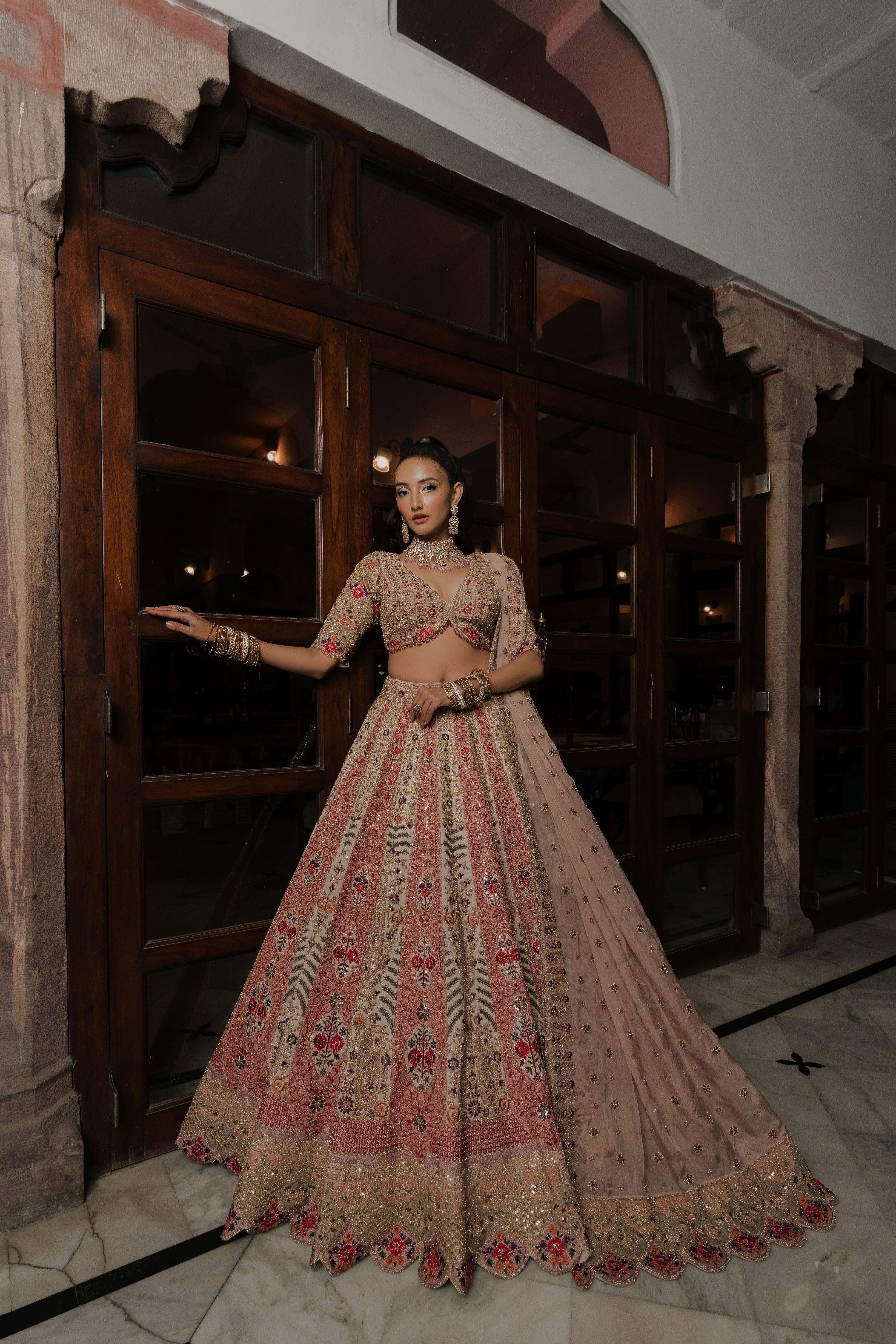 Champagne Gold Net Lehenga with Multicolor Floral Embroidery Mokshaa