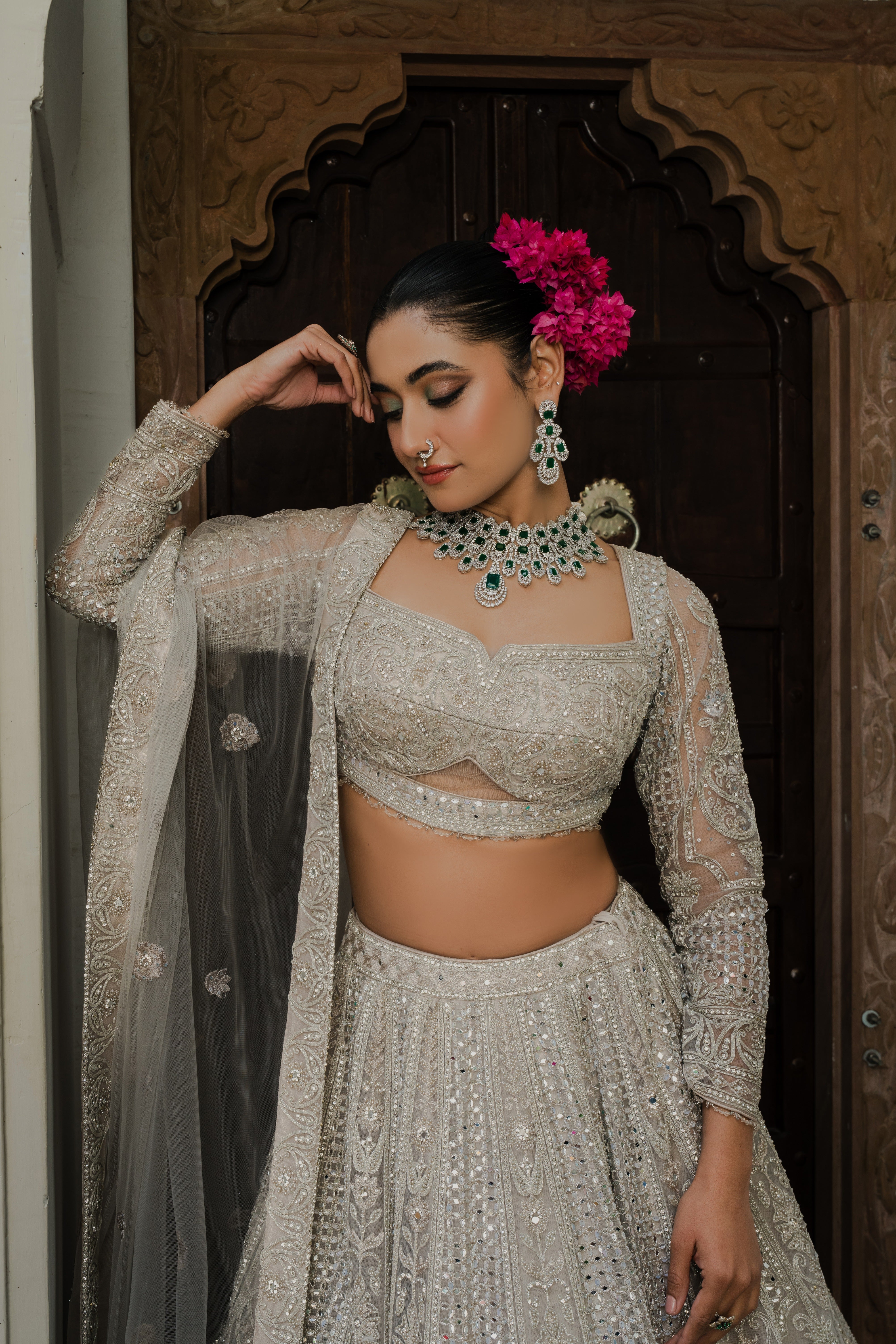 Ivory Net Lehenga with Sequin & Thread Embroidery Mokshaa