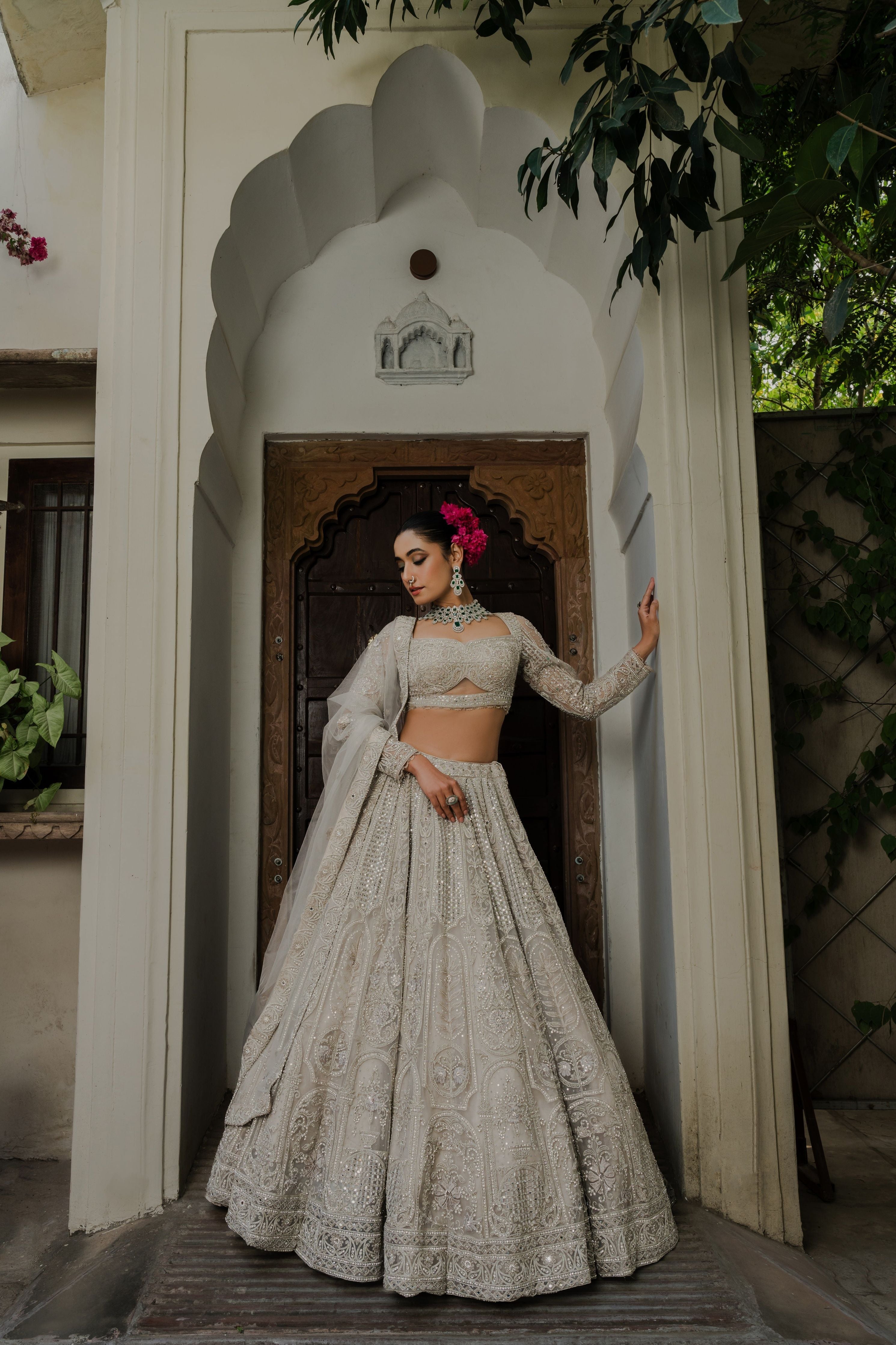 Ivory Net Lehenga with Sequin & Thread Embroidery Mokshaa