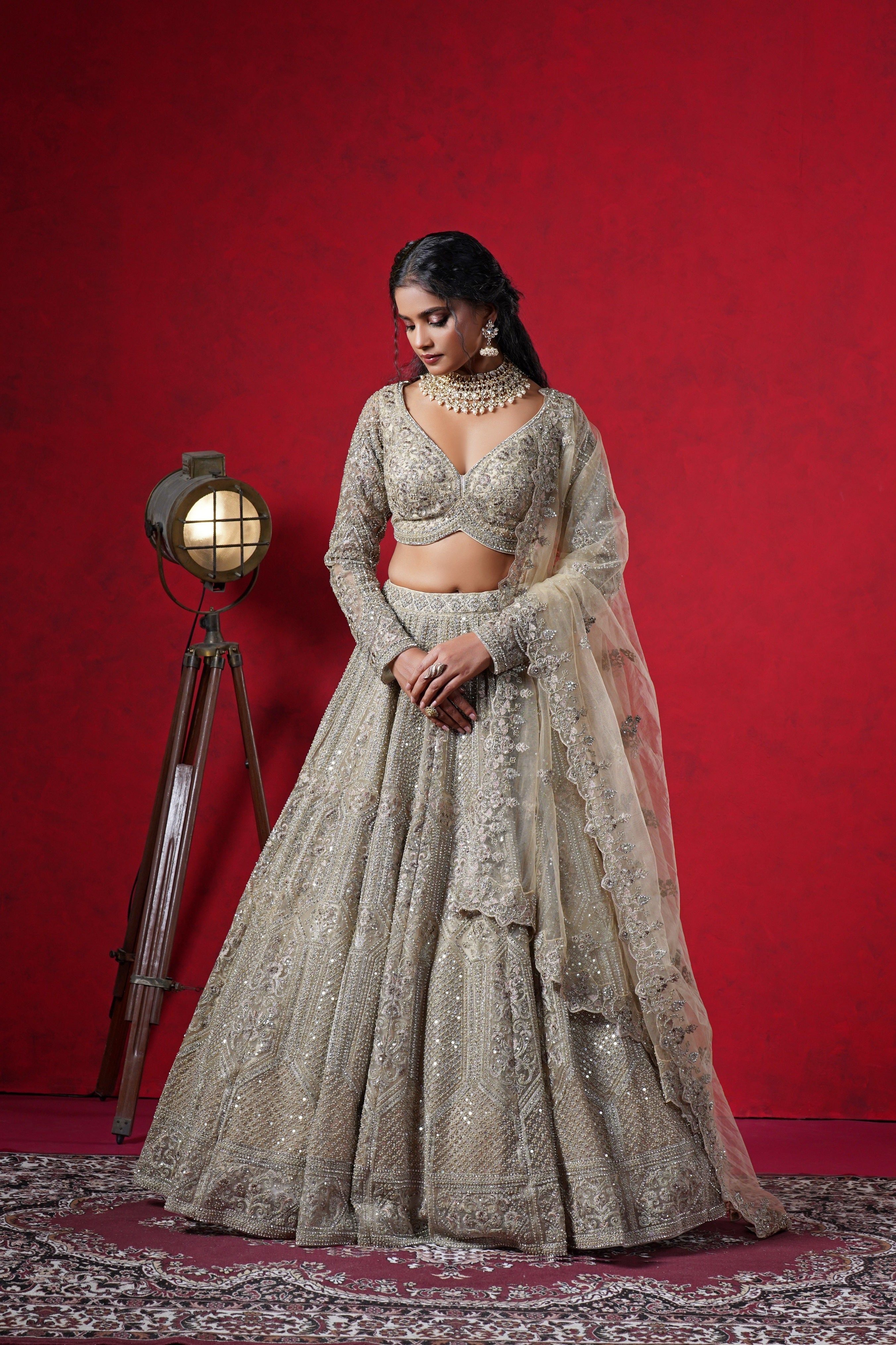 Champagne Gold Net Lehenga with Intricate Sequin Embroidery Mokshaa