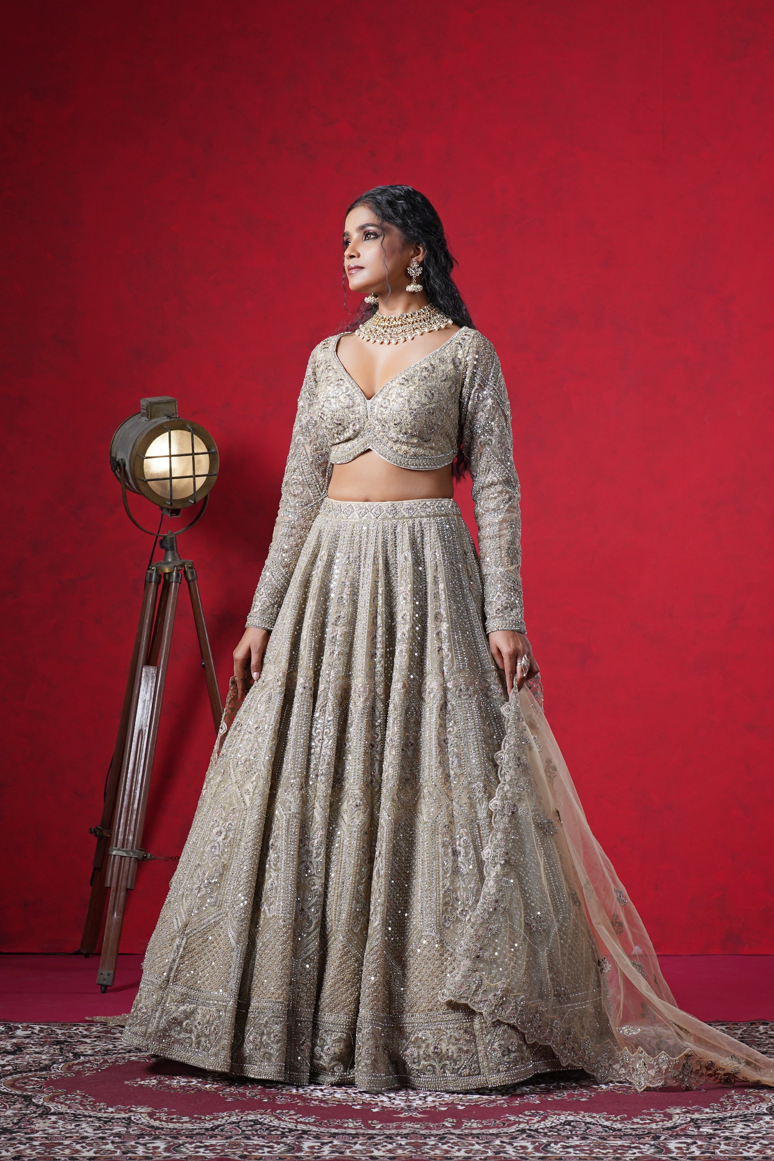 Champagne Gold Net Lehenga with Intricate Sequin Embroidery Mokshaa