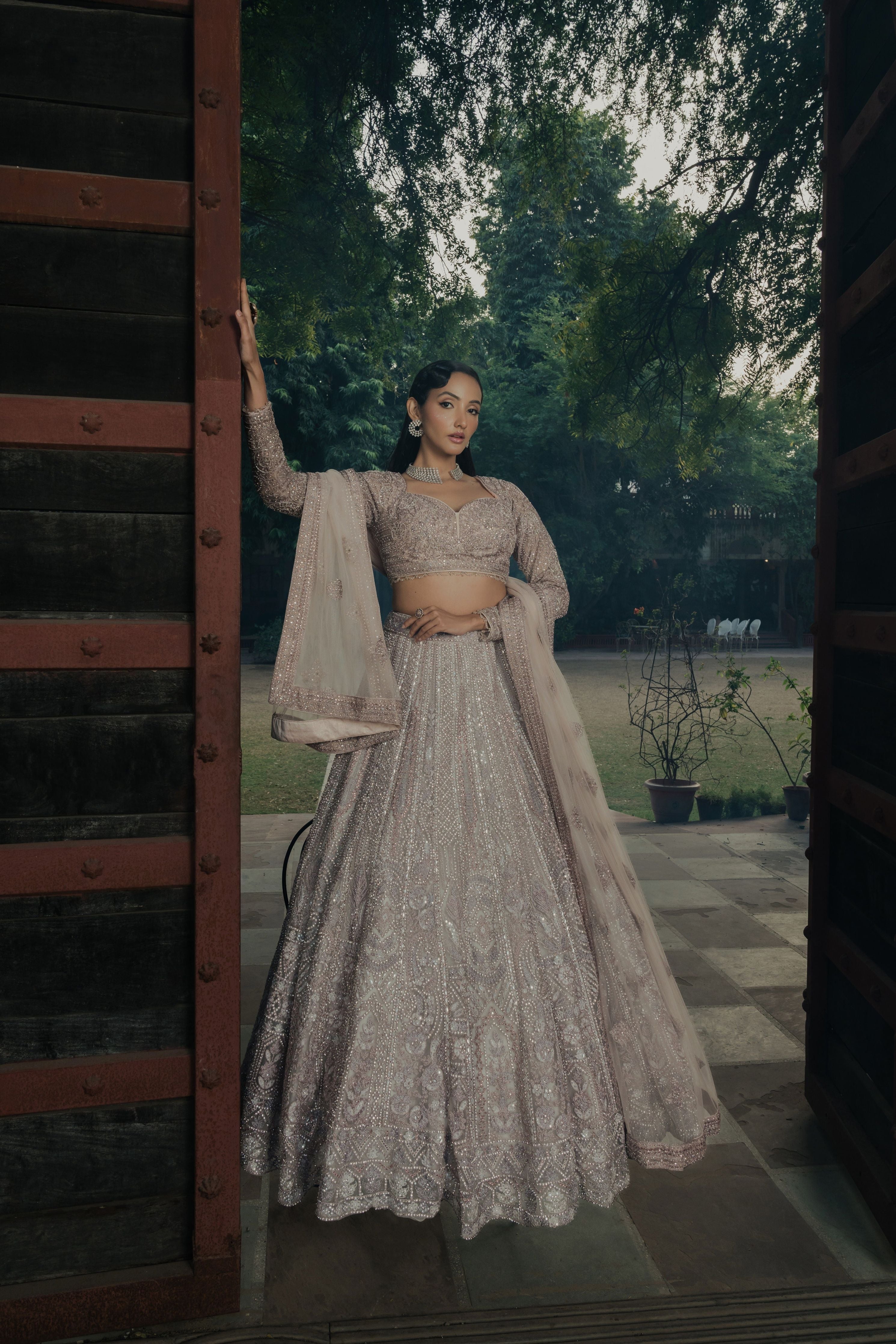 Lavender Net Lehenga with Intricate Sequin & Thread Embroidery Mokshaa