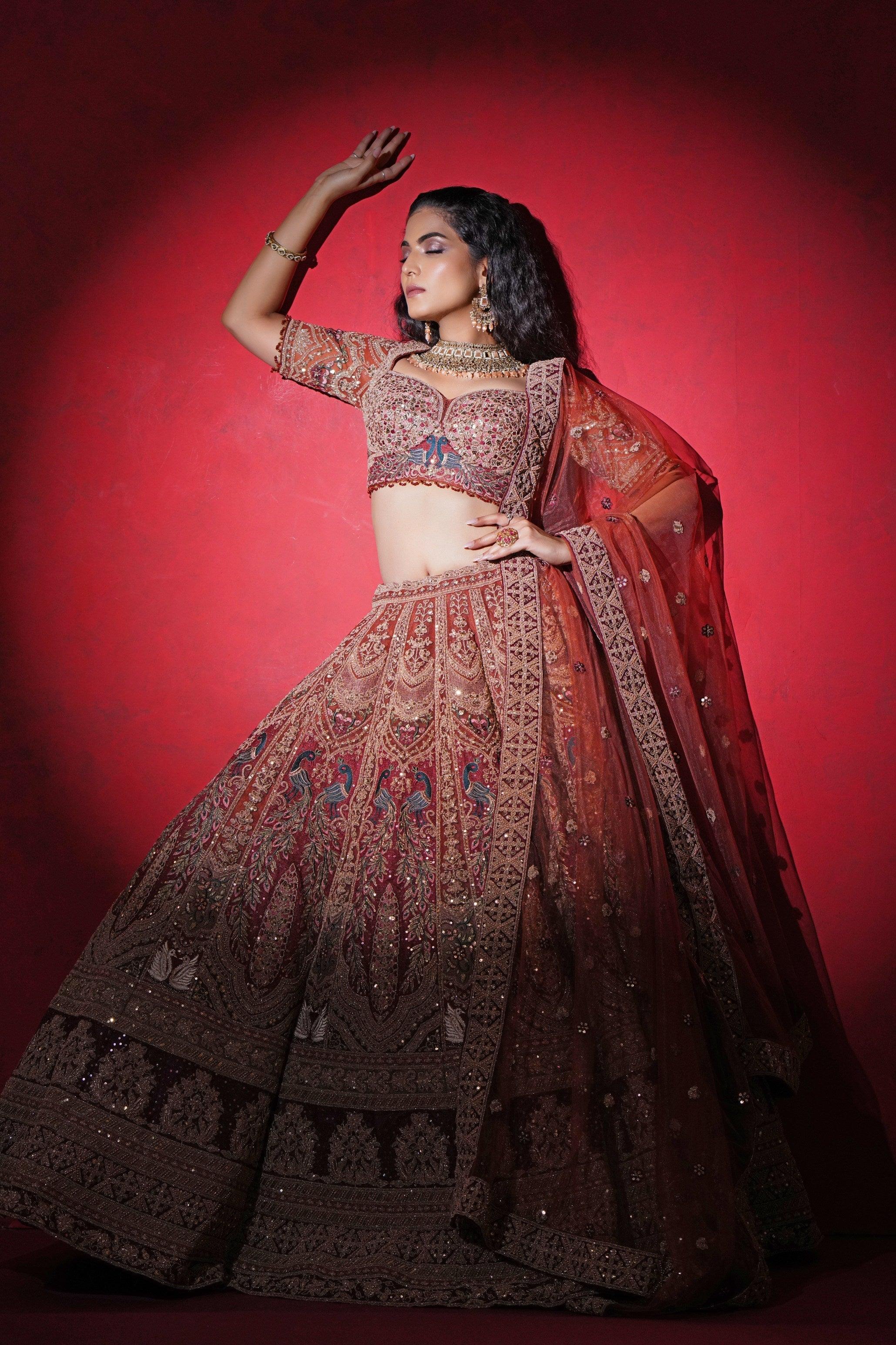 Rust Brown Net Lehenga with Sequin and Resham Peacock Embroidery Mokshaa