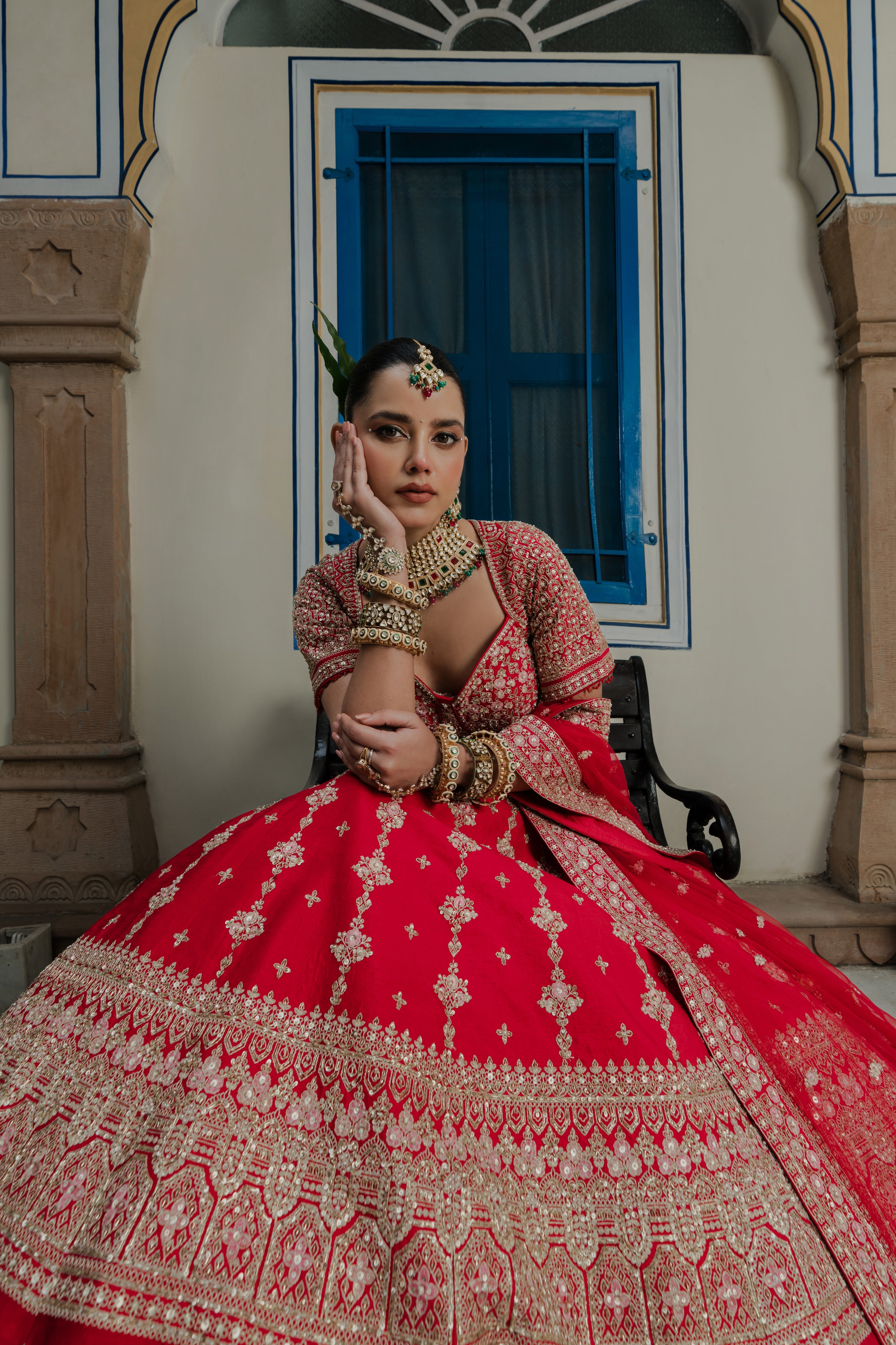 Crimson Red Silk Lehenga with Temple Motif Zardosi Embroidery Mokshaa