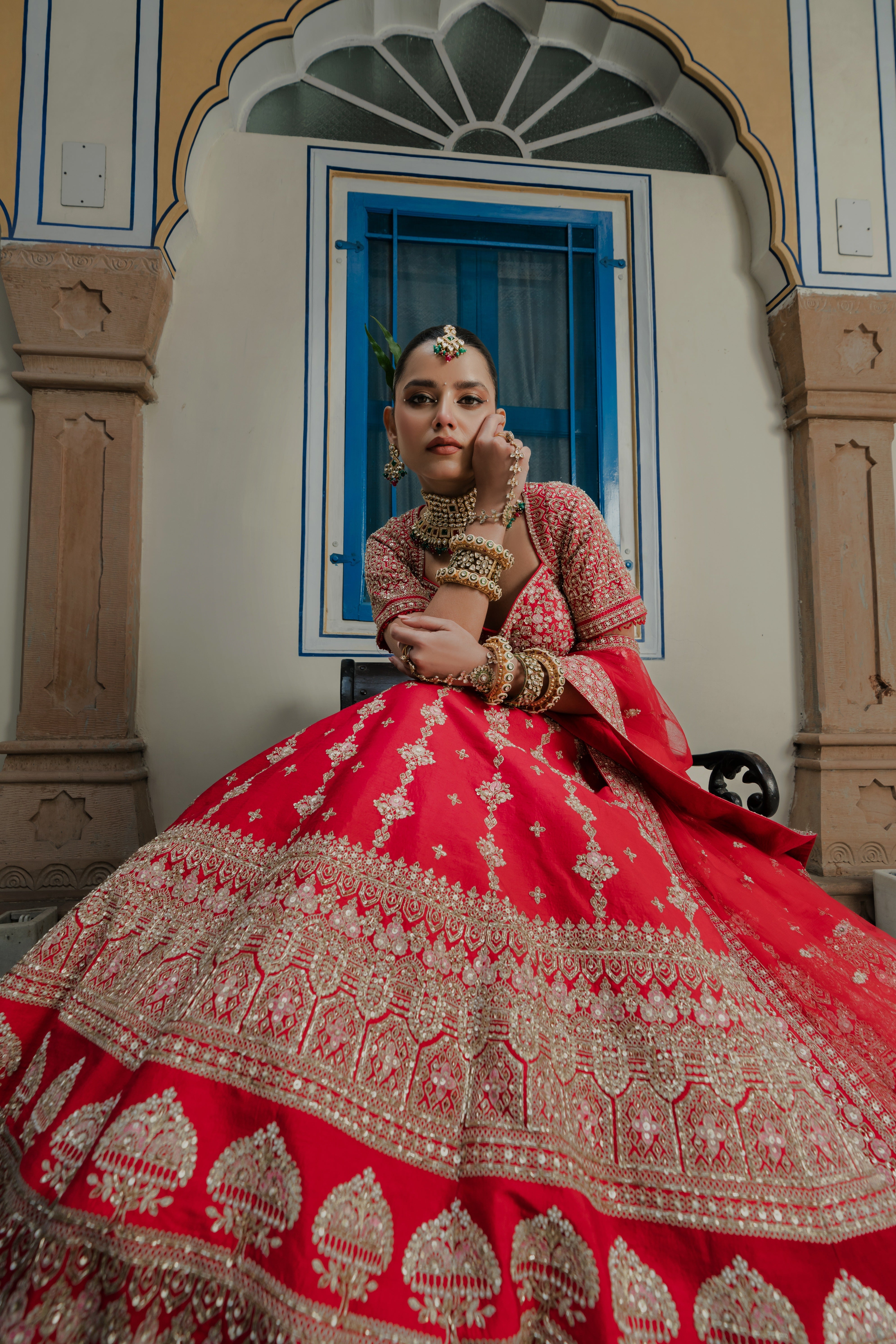 Crimson Red Silk Lehenga with Temple Motif Zardosi Embroidery Mokshaa